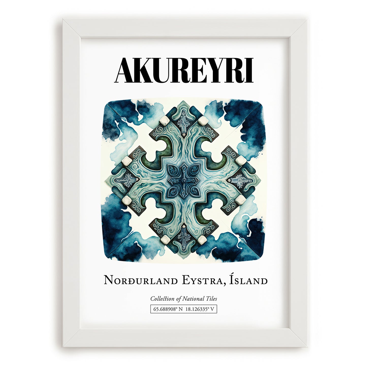 Akureyri, Iceland – Travel Wall Art, placed in minimal white frame