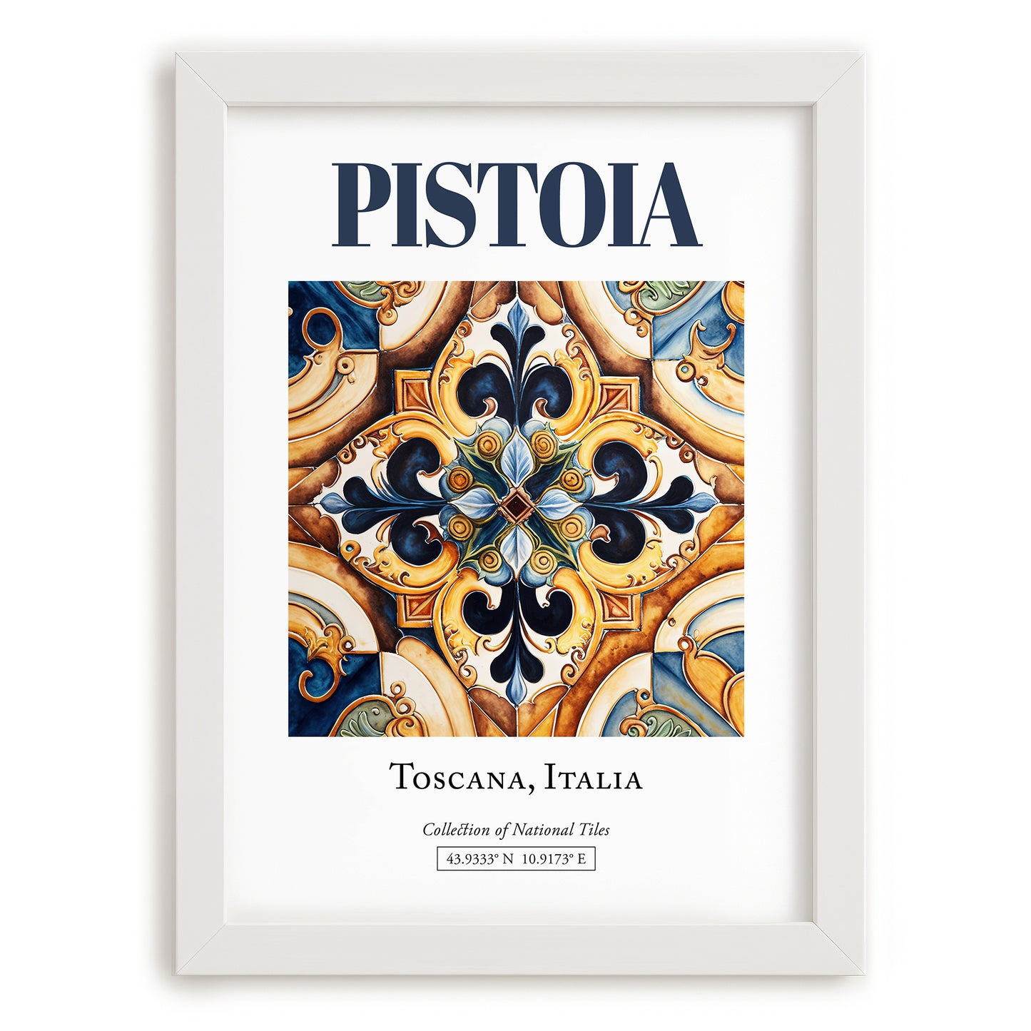 Pistoia, Italy – Retro Travel Poster, placed in minimal white frame