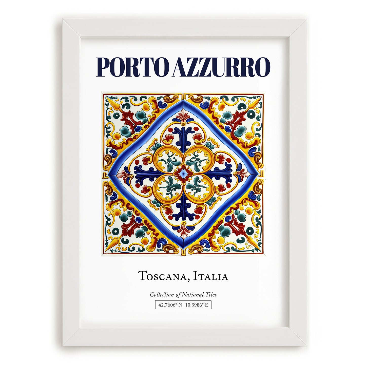 Porto Azzurro, Italy – Travel Poster, placed in minimal white frame