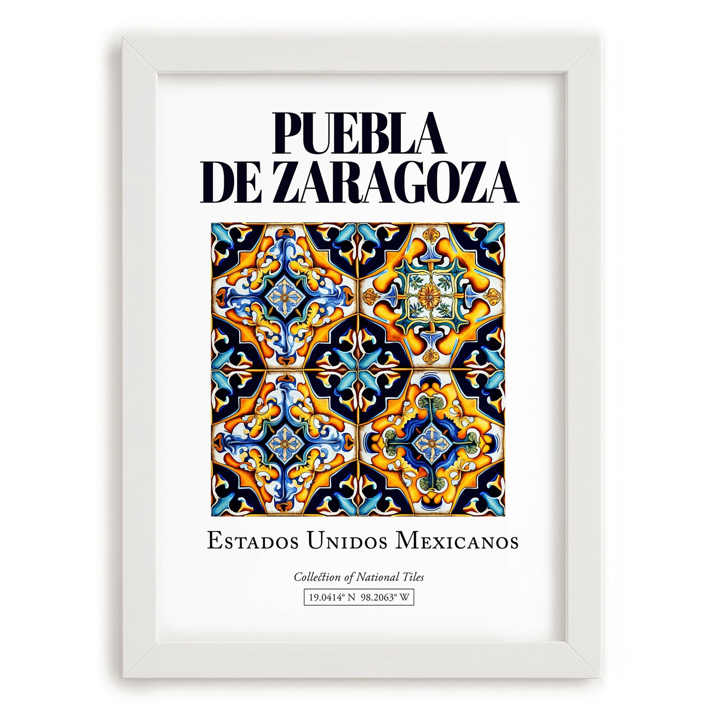 Puebla de Zaragoza, Mexico – Cultural Heritage Wall Art, placed in minimal white frame