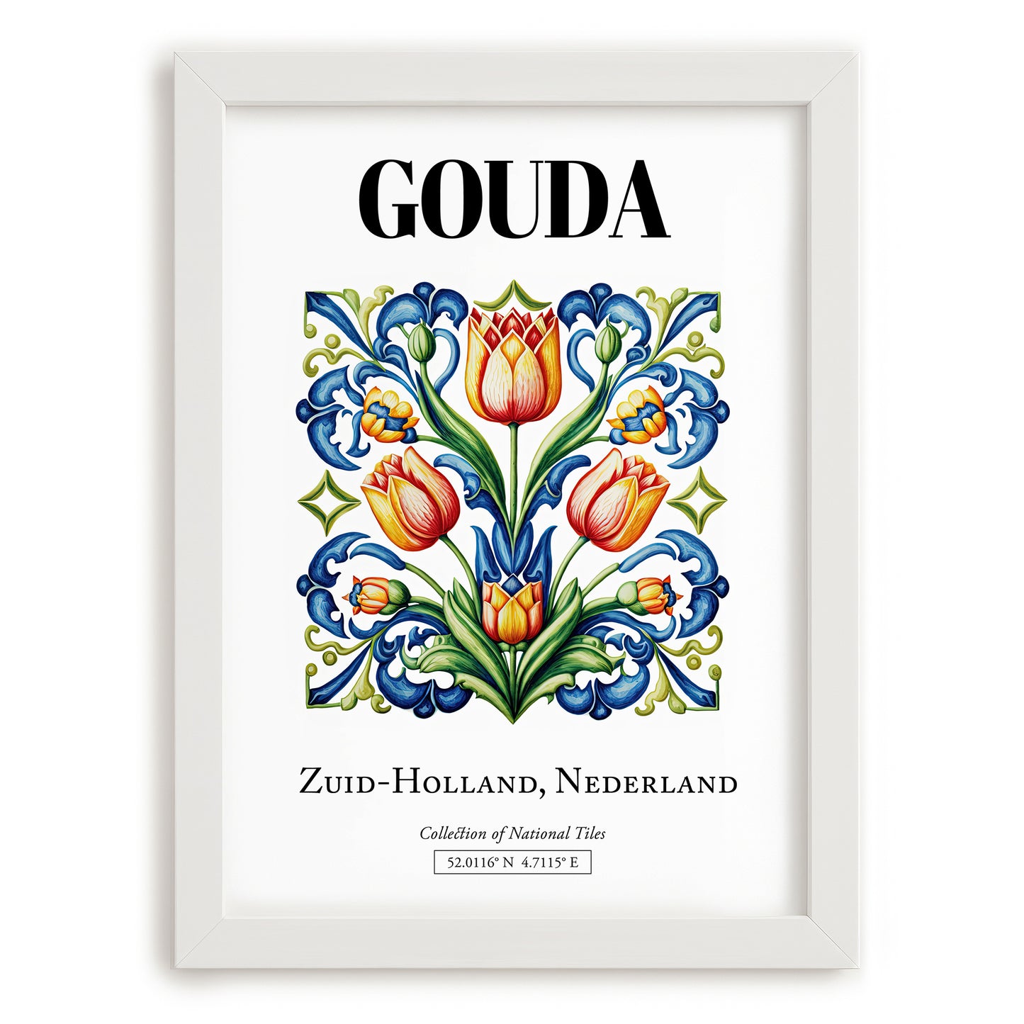 Gouda, Netherlands – Illustrated Travel Poster, placed in minimal white frame