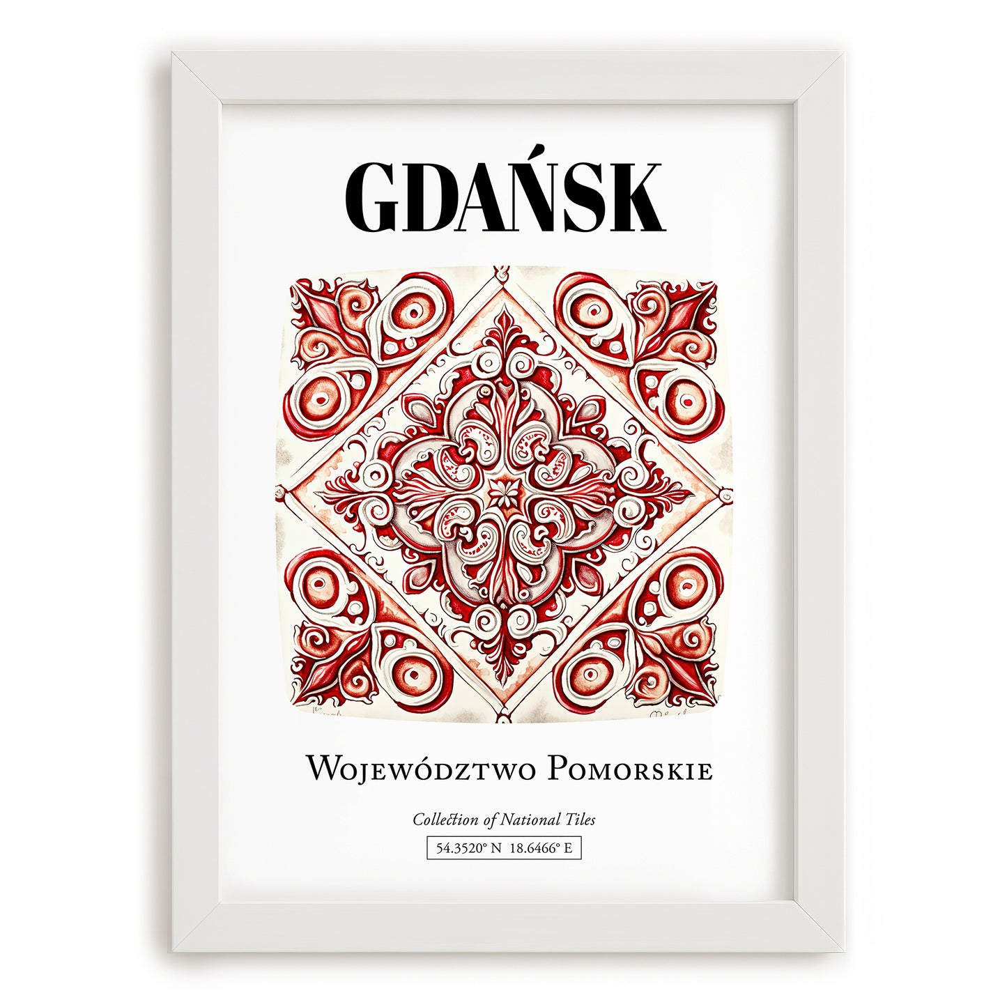 Gdańsk, Poland – Travel Wall Art, placed in minimal white frame