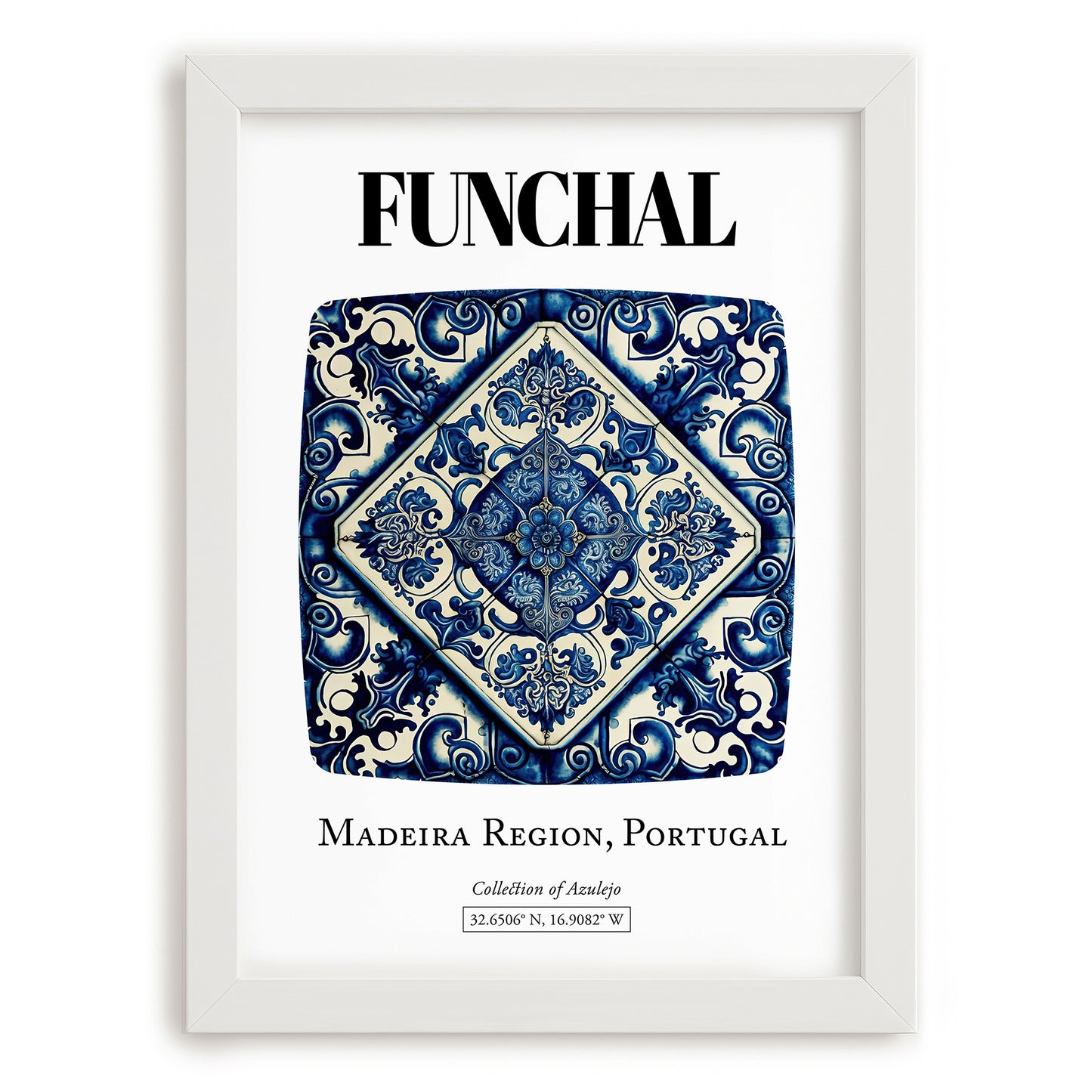 Funchal, Portugal – Travel Print, placed in minimal white frame
