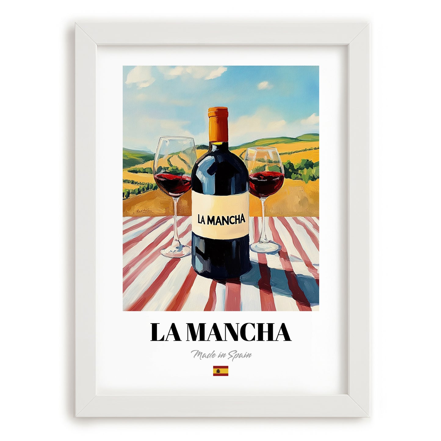 La Mancha – Spanish Red Wine, Wine Bar Poster, placed in minimal white frame