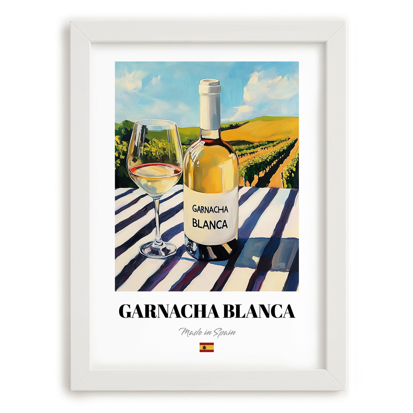 Garnacha Blanca – Spanish White Wine, Wine Bar Wall Art, placed in minimal white frame