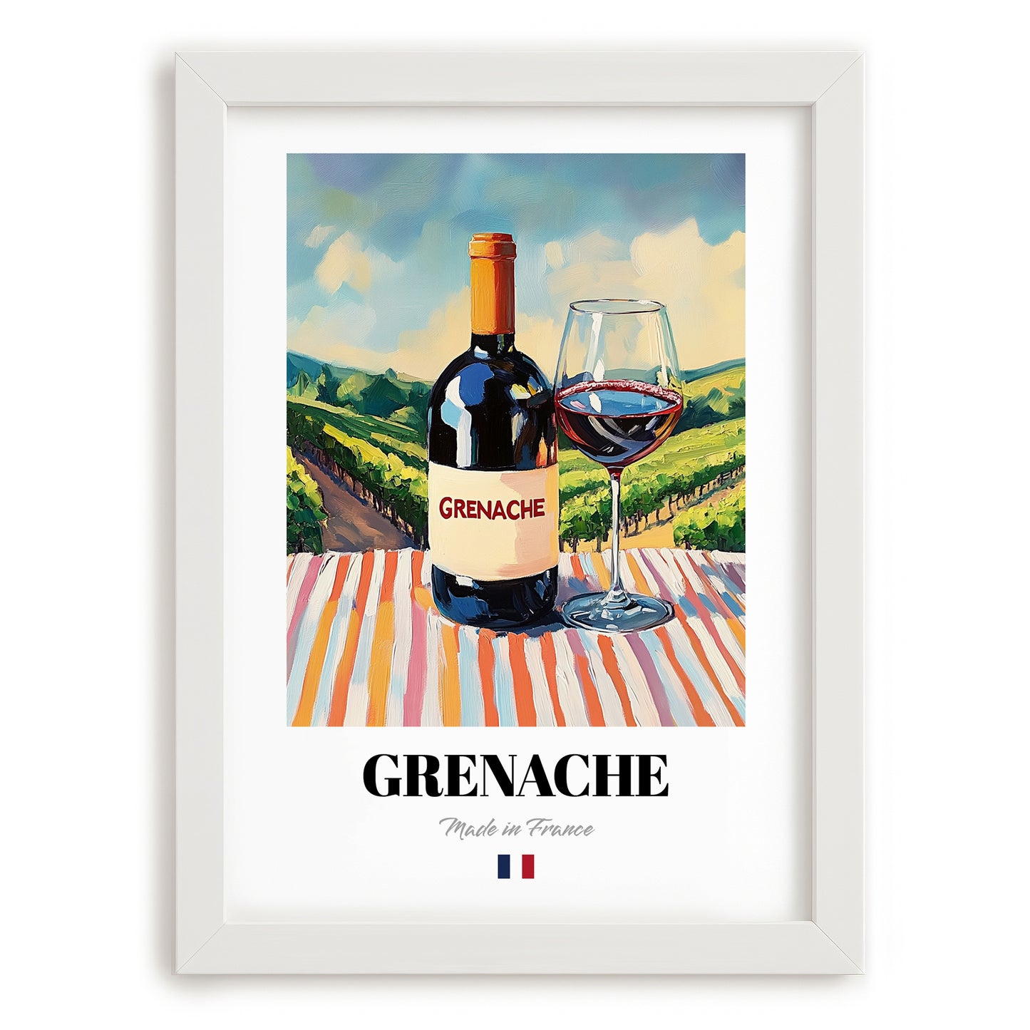 Grenache – French Red Wine, Vineyard Terrace Wall Art, placed in minimal white frame
