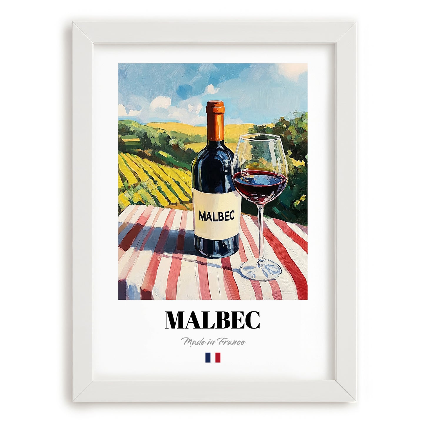 Malbec – French Red Wine, Enoteca Poster, placed in minimal white frame