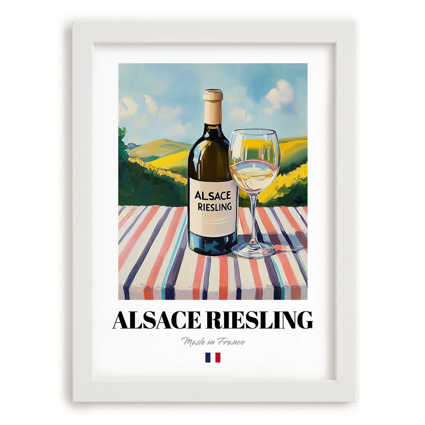Alsace Riesling – French White Wine, Wine Bar Painting, placed in minimal white frame