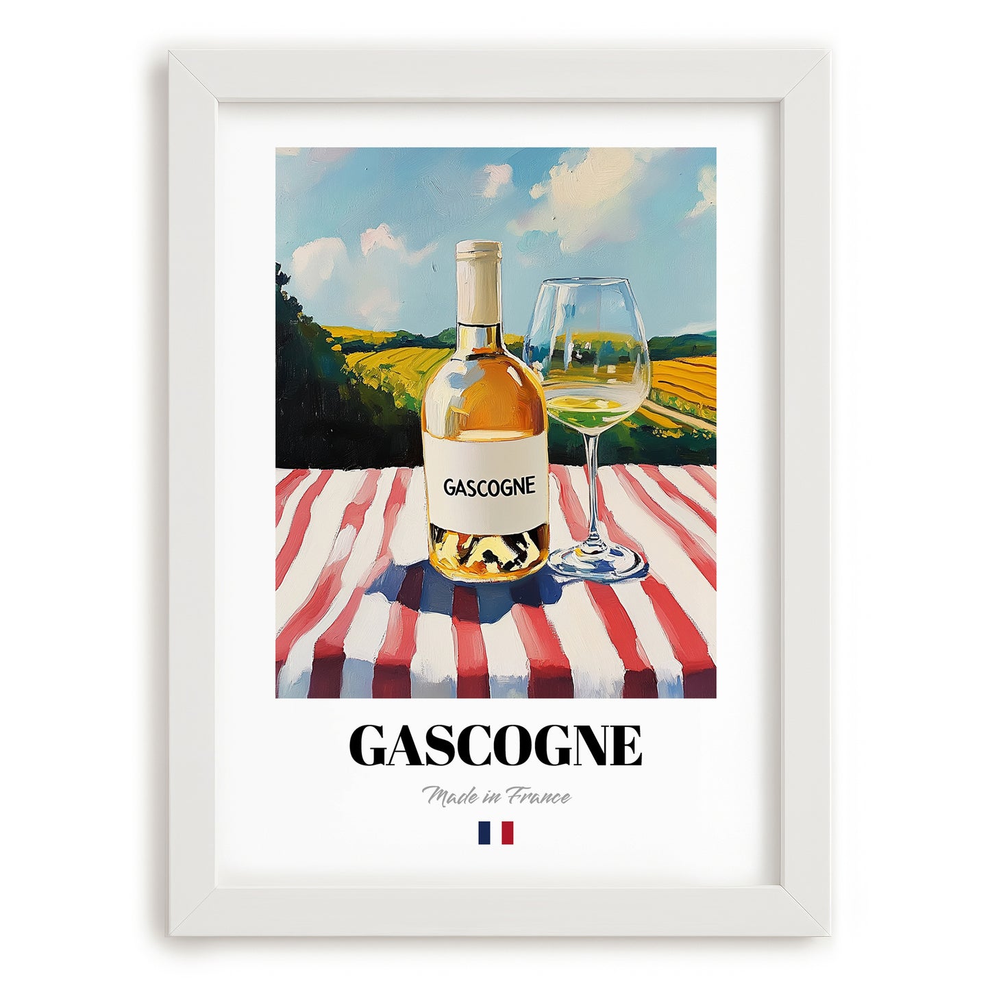 Gascogne – French White Wine, Vineyard Terrace Illustration, placed in minimal white frame