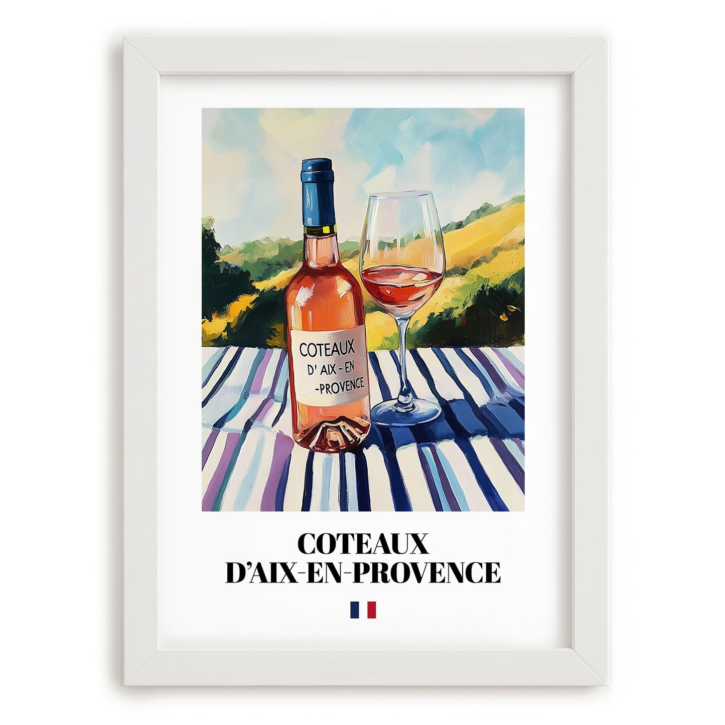 Coteaux d'Aix-en-Provence – French Rose Wine, Vineyard Terrace Wall Art, placed in minimal white frame
