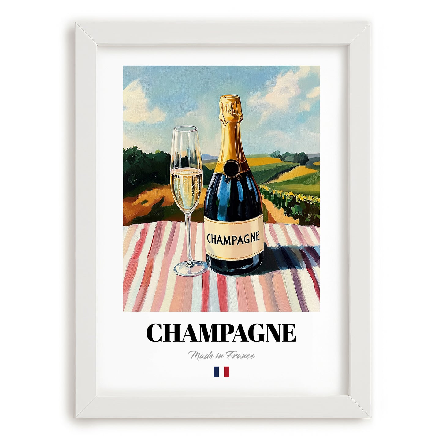 Champagne – French Sparkling Wine, Enoteca Still Life, placed in minimal white frame