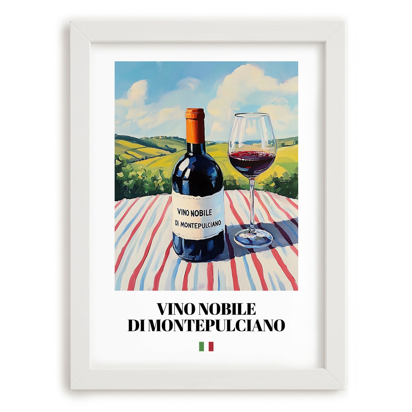 Vino Nobile di Montepulciano – Italian Red Wine, Vineyard Terrace Poster, placed in minimal white frame