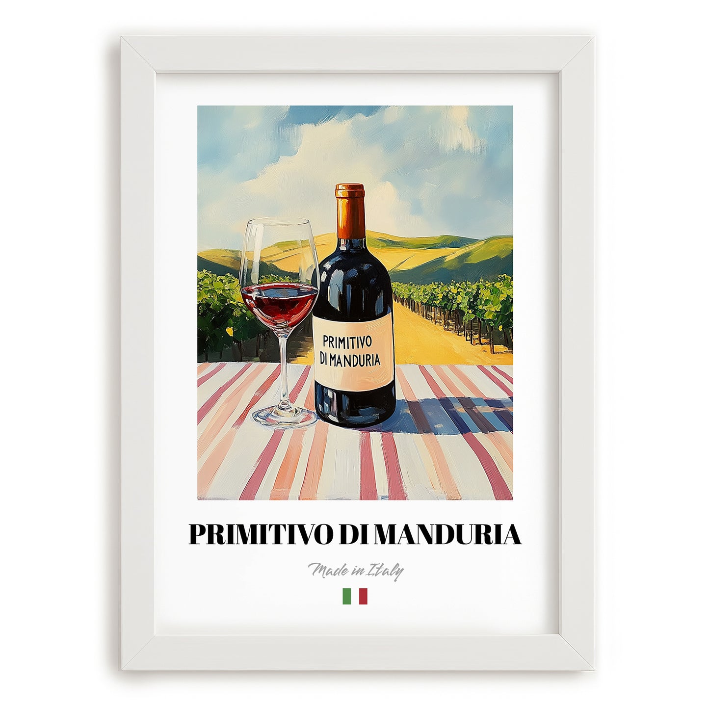 Primitivo di Manduria – Italian Red Wine, Wine Bar Wall Decor, placed in minimal white frame