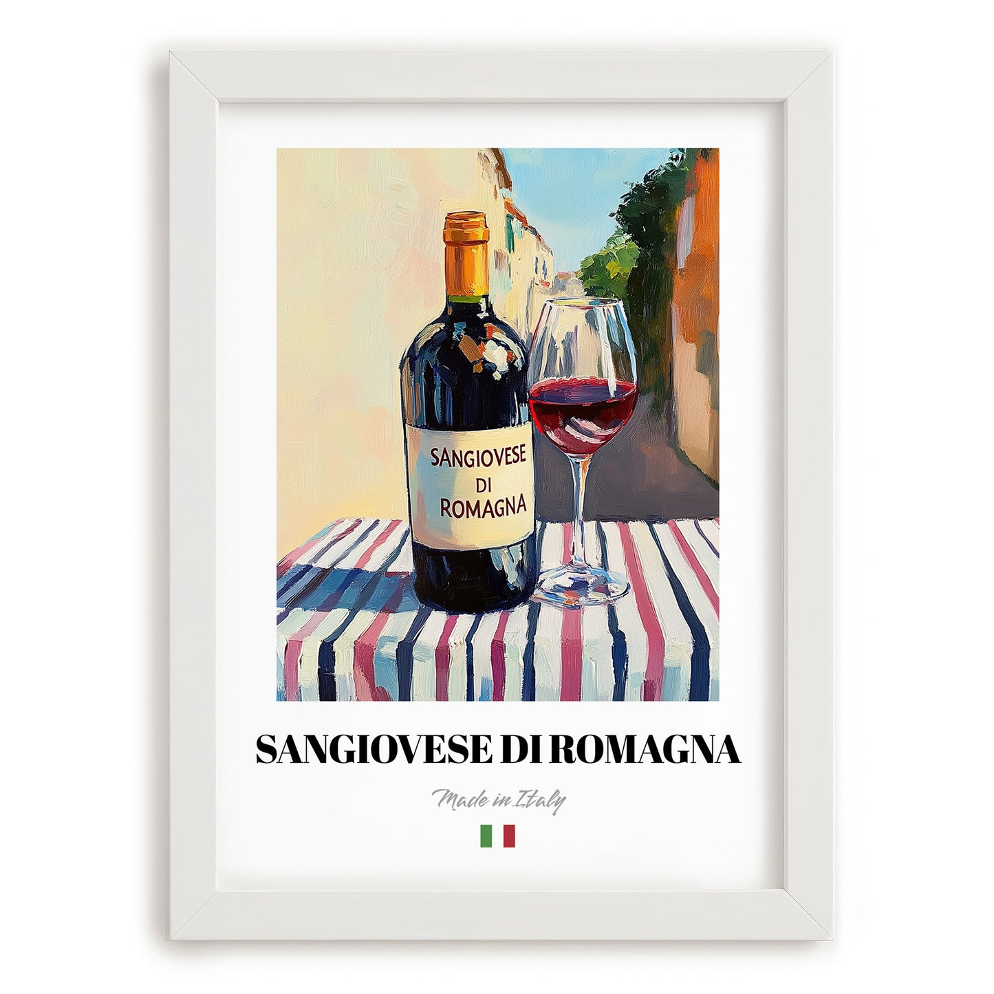 Sangiovese di Romagna – Italian Red Wine, Wine Bar Poster, placed in minimal white frame