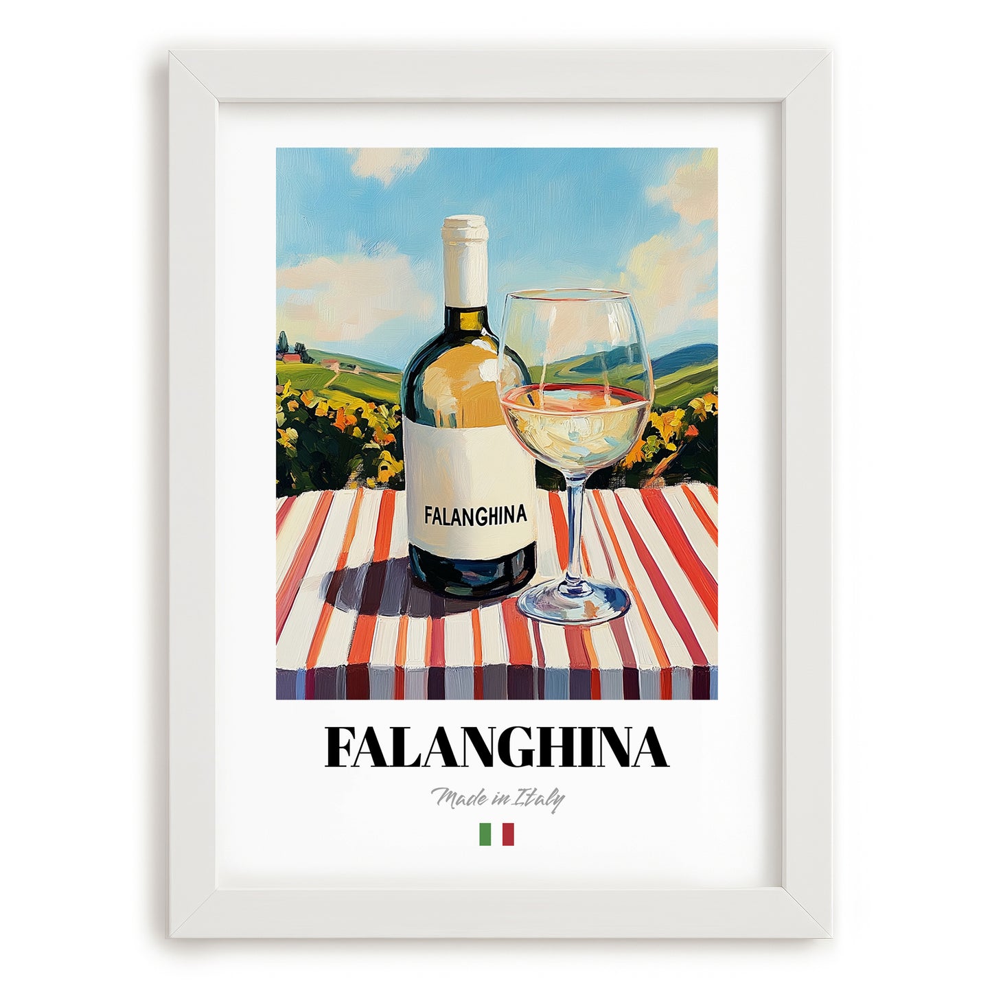 Falanghina – Italian White Wine, Vinoteca Wall Art, placed in minimal white frame