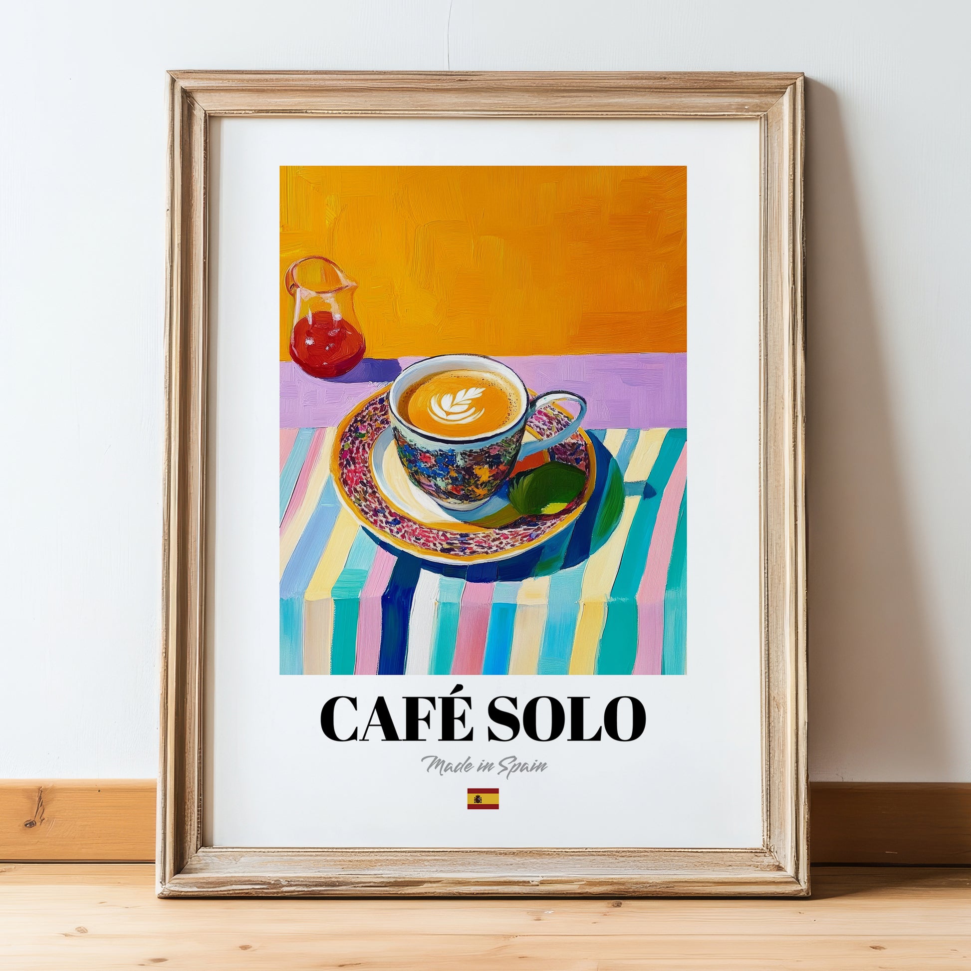 Café Solo – Spanish Coffee, Konditorei Still Life, in wooden frame leaning on the floor