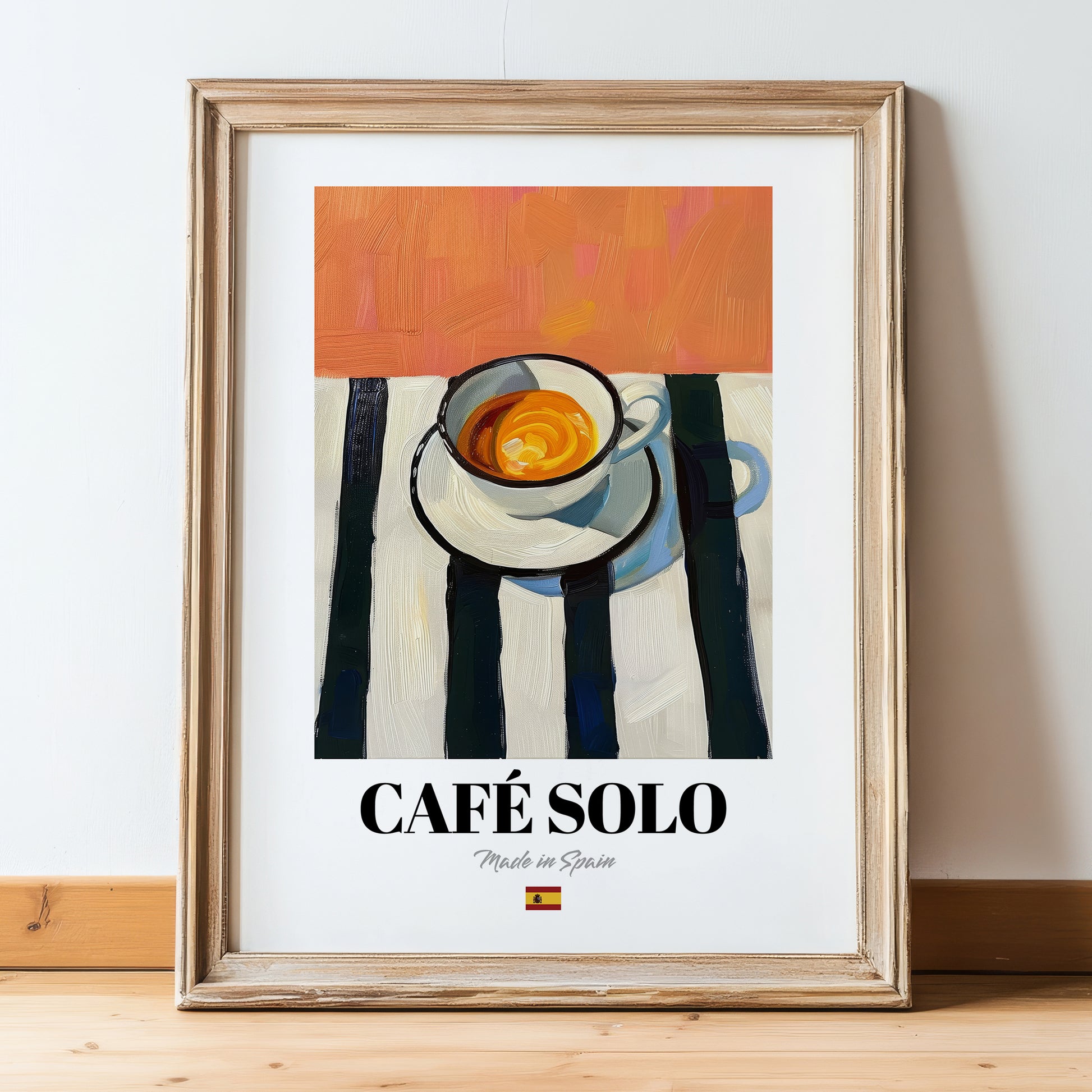 Café Solo – Spanish Coffee, Coffeehouse Wall Art, in wooden frame leaning on the floor