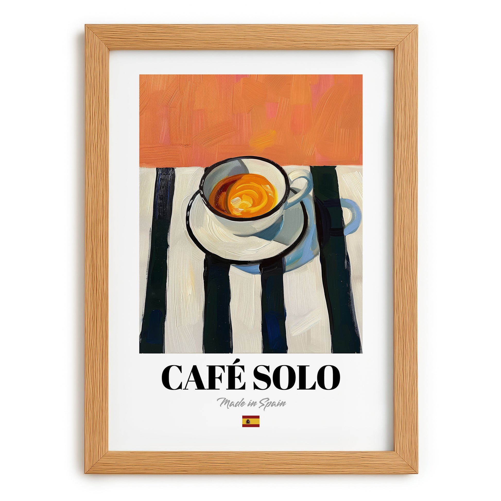 Café Solo – Spanish Coffee, Coffeehouse Wall Art, set in oak frame