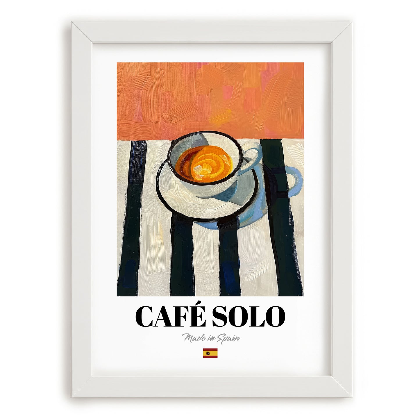 Café Solo – Spanish Coffee, Coffeehouse Wall Art, placed in minimal white frame