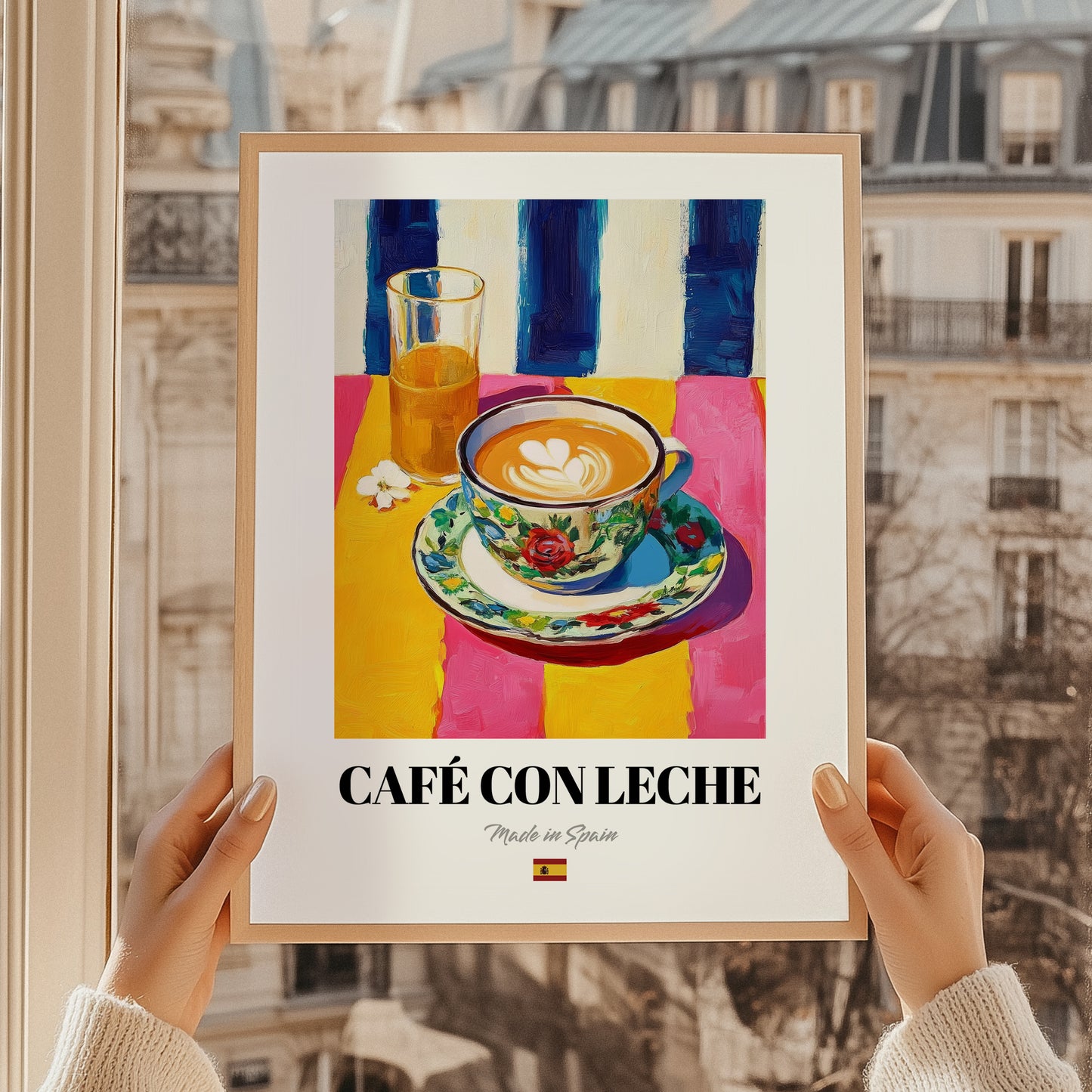 Café con Leche – Spanish Coffee, Café Print, styled in a charming Paris street view