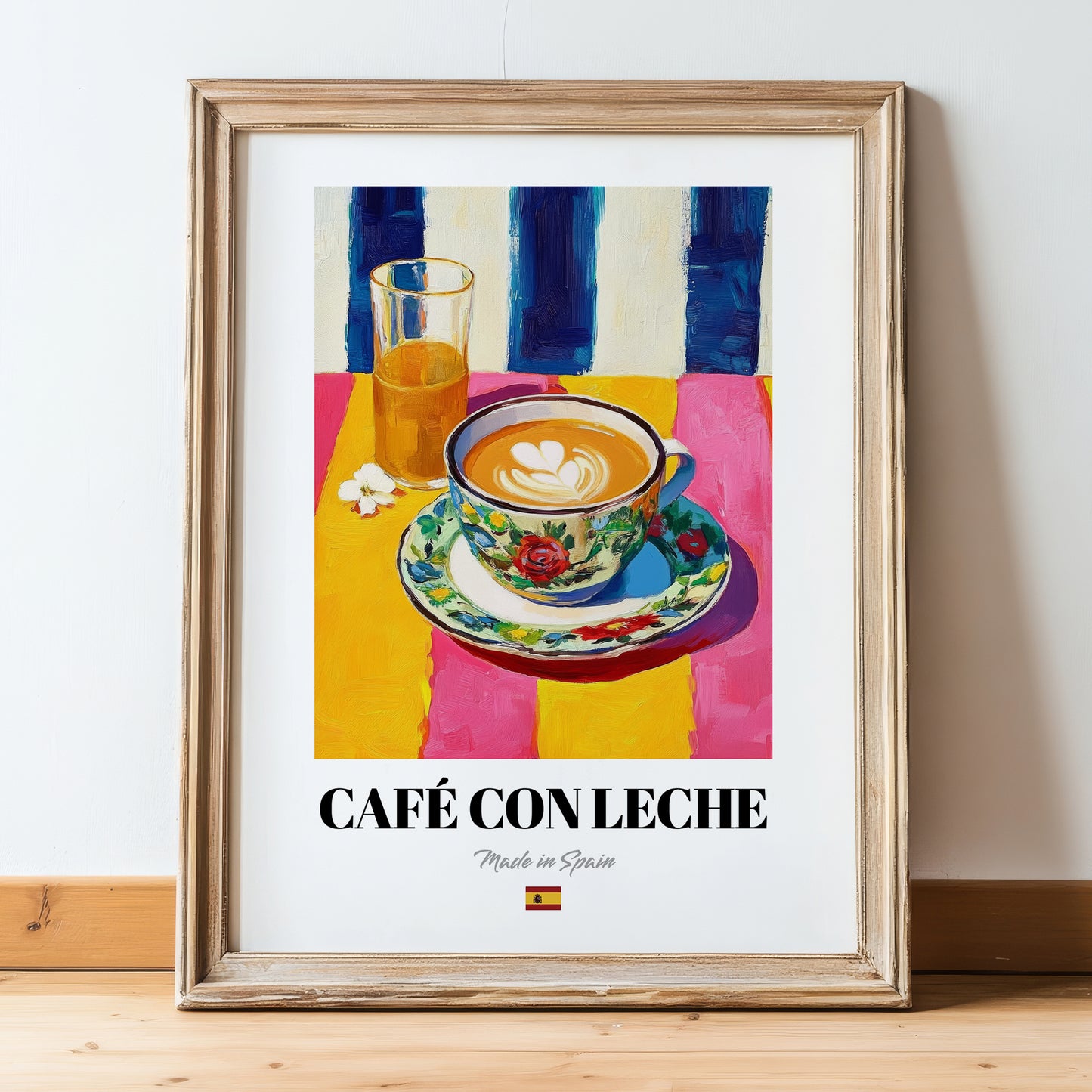 Café con Leche – Spanish Coffee, Café Print, in wooden frame leaning on the floor