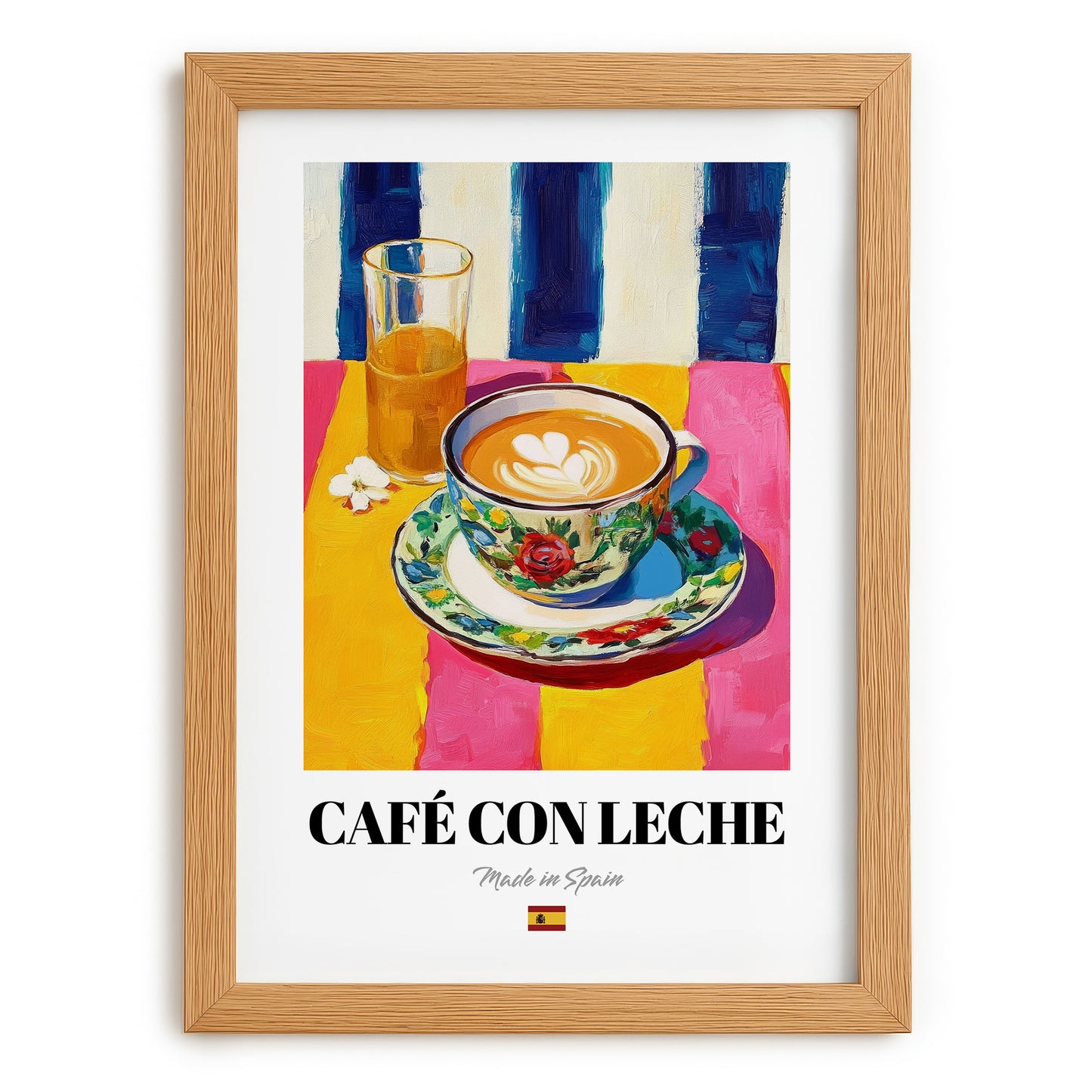 Café con Leche – Spanish Coffee, Café Print, set in oak frame