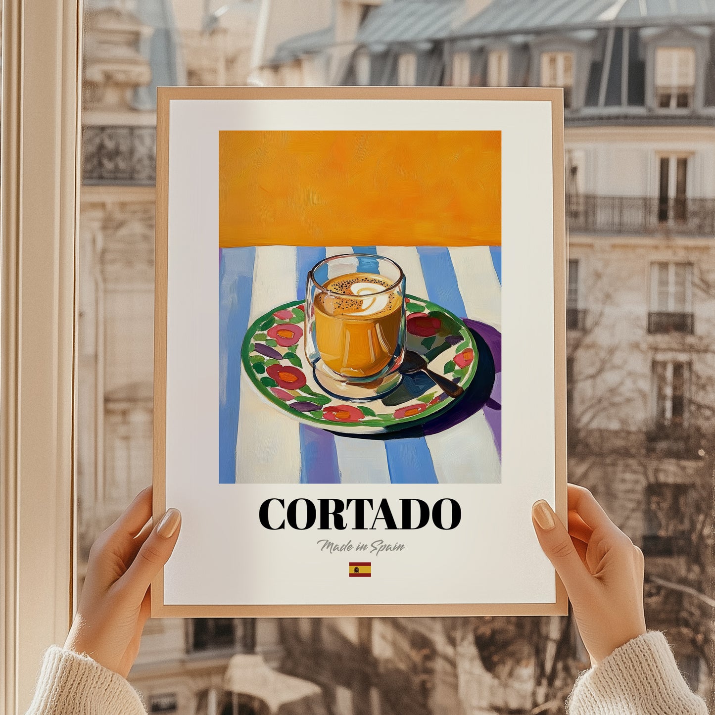 Cortado – Spanish Coffee, Espresso Bar Painting, styled in a charming Paris street view