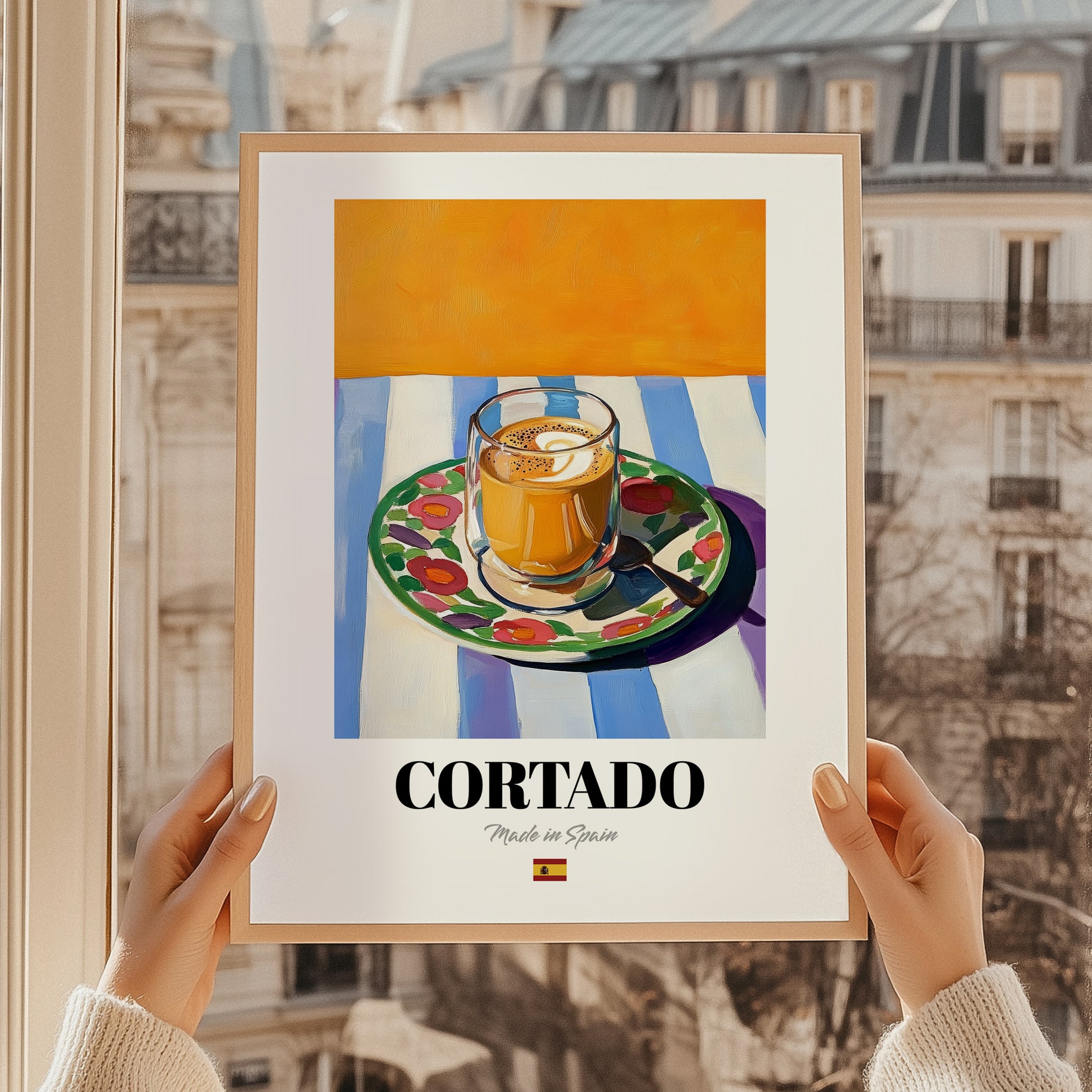 Cortado – Spanish Coffee, Espresso Bar Painting, styled in a charming Paris street view