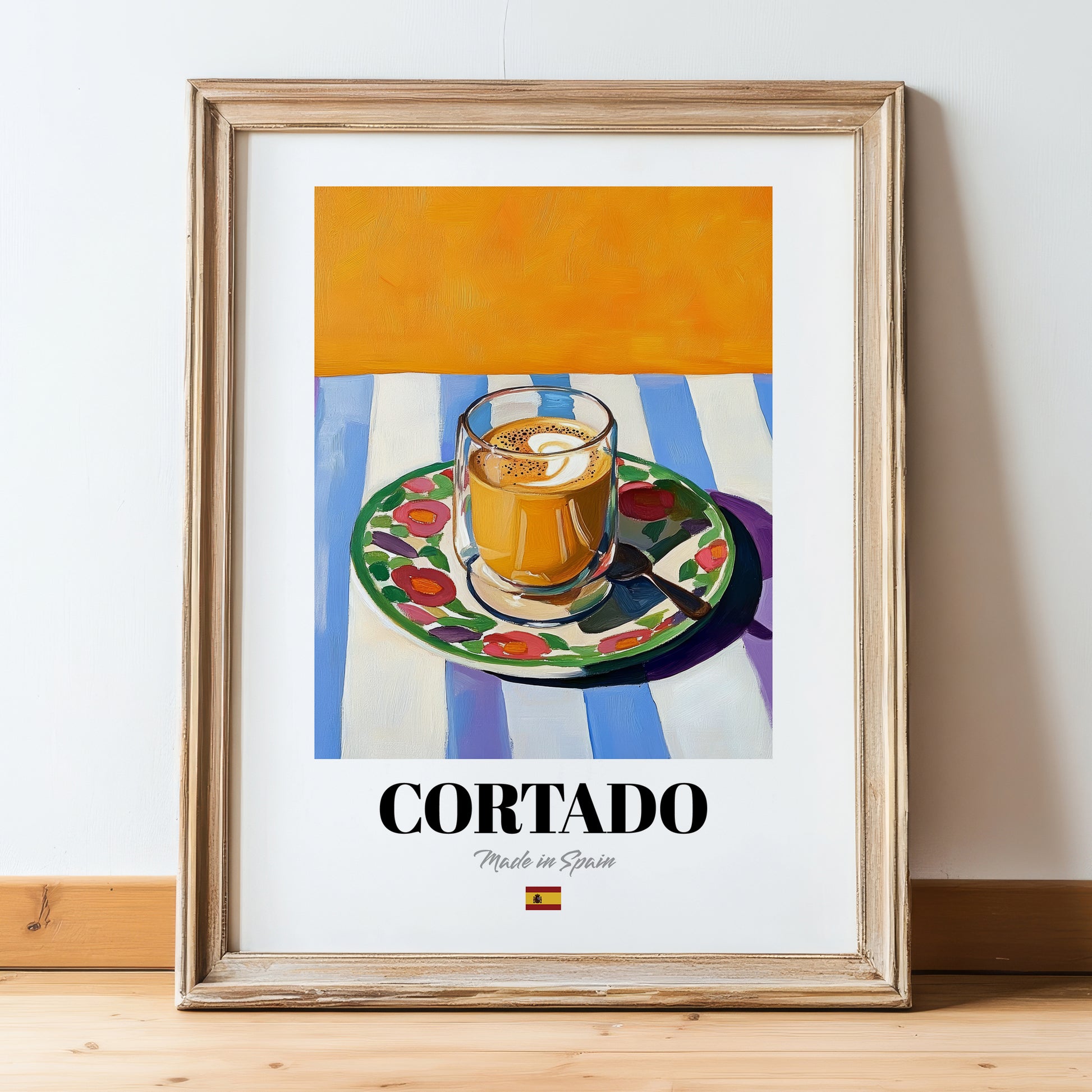 Cortado – Spanish Coffee, Espresso Bar Painting, in wooden frame leaning on the floor
