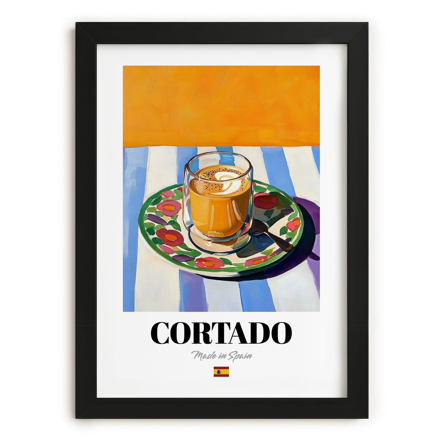 Cortado – Spanish Coffee, Espresso Bar Painting, in sleek black frame