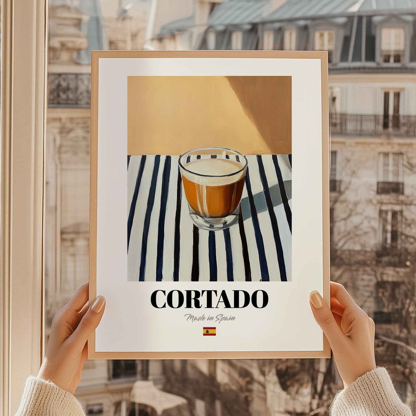 Cortado – Spanish Coffee, Konditorei Still Life, styled in a charming Paris street view