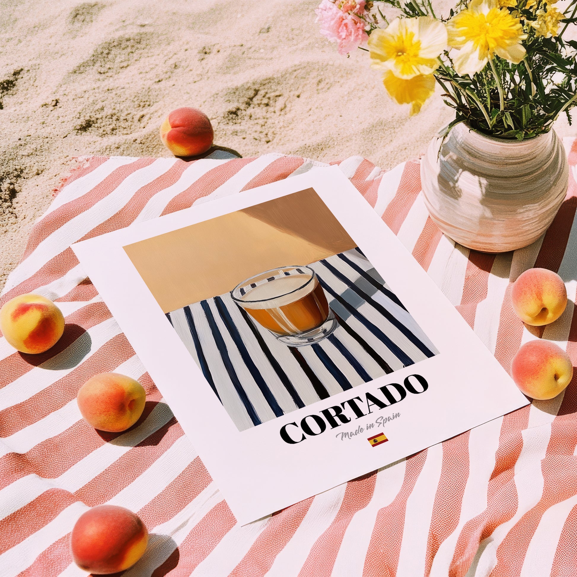 Cortado – Spanish Coffee, Konditorei Still Life, unframed on coastal sand