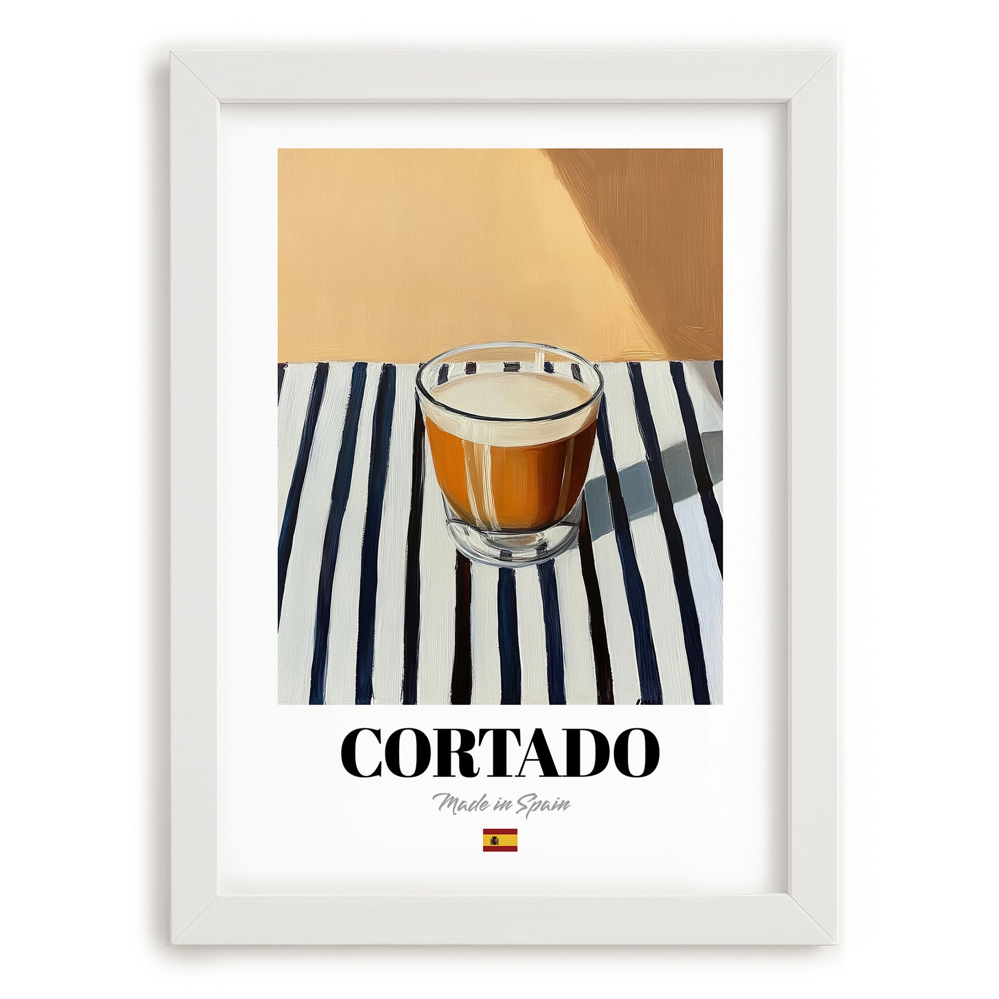 Cortado – Spanish Coffee, Konditorei Still Life, placed in minimal white frame