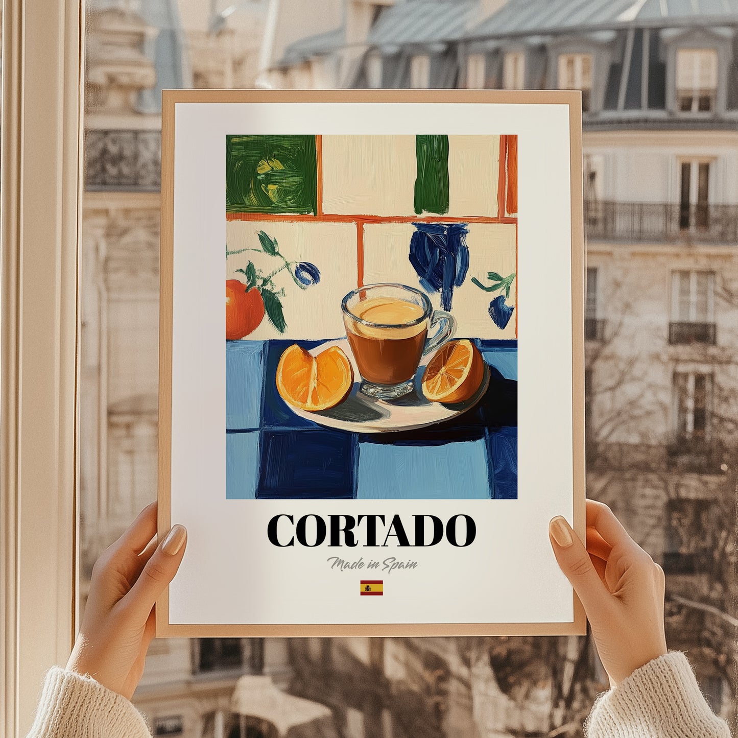 Cortado – Spanish Coffee, Konditorei Print, styled in a charming Paris street view