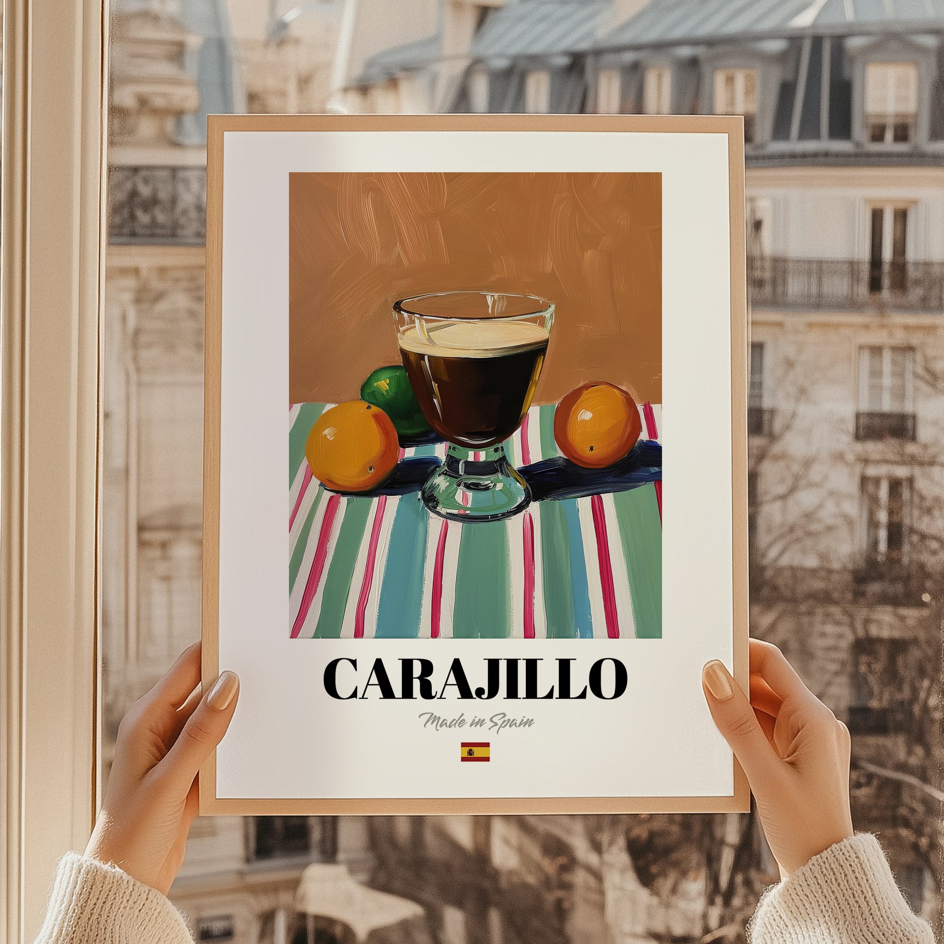 Carajillo – Spanish Coffee, Konditorei Print, styled in a charming Paris street view