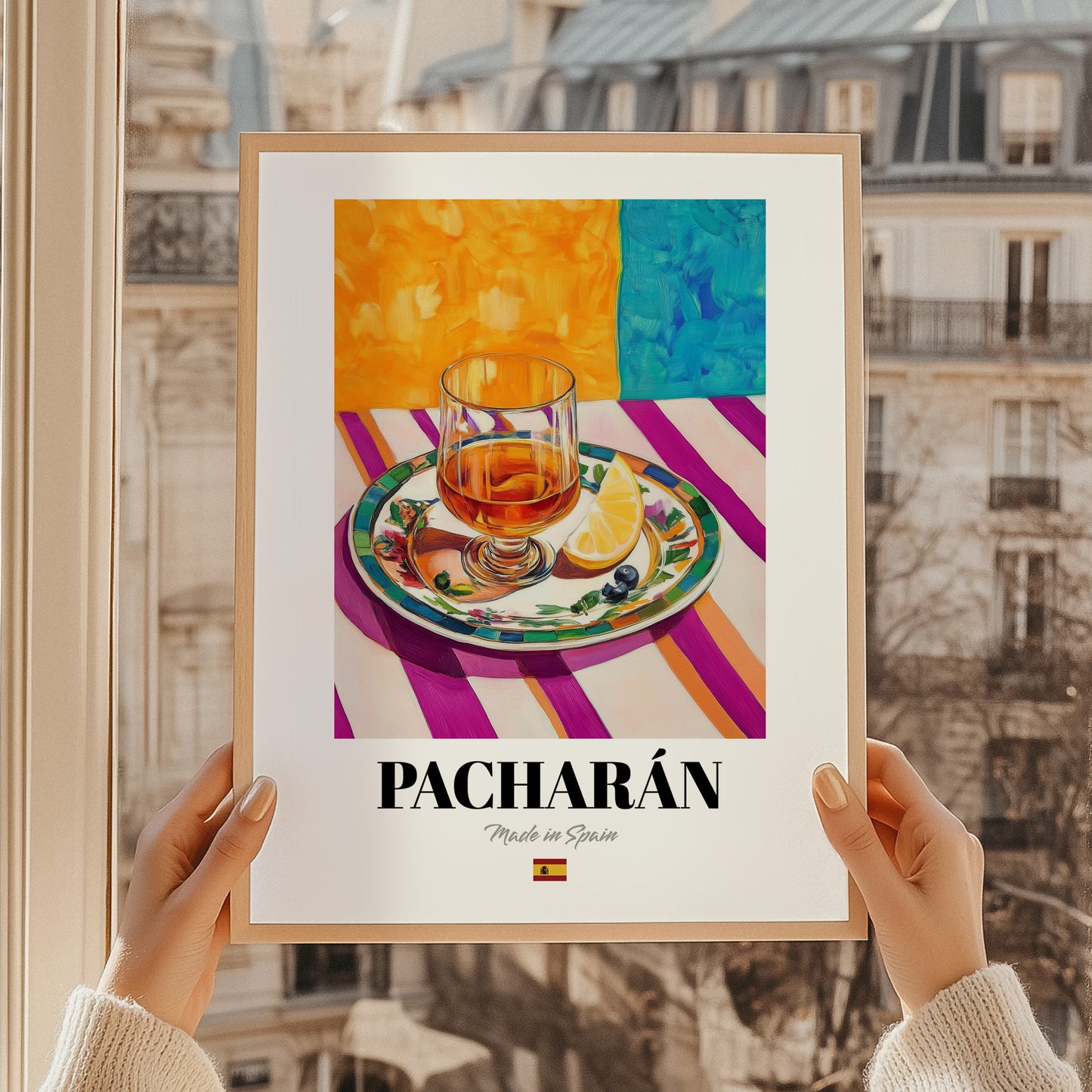 Pacharán – Spanish Liqueur Drink, Sky Bar Illustration, styled in a charming Paris street view