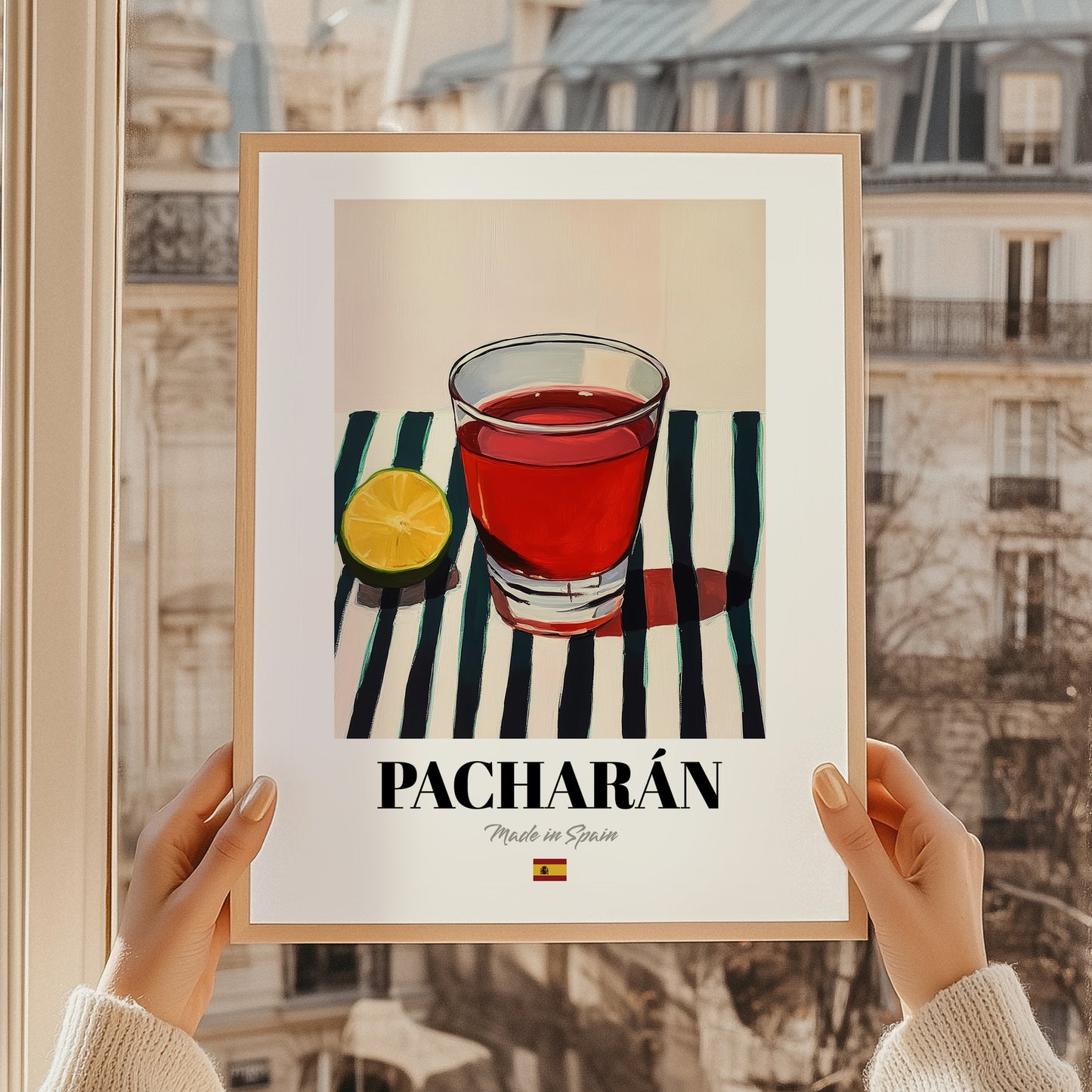 Pacharán – Spanish Liqueur Drink, Beach Bar Poster, styled in a charming Paris street view