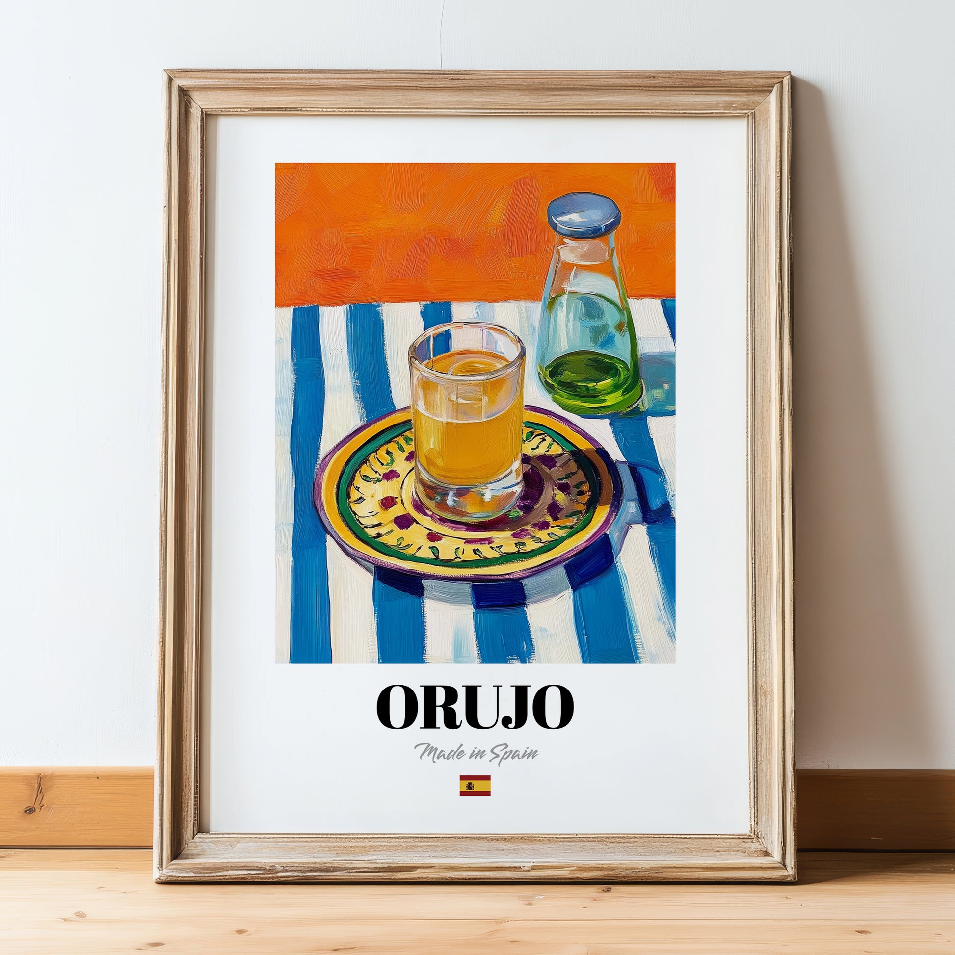 Orujo – Spanish Spirit Drink, Beach Bar Art, in wooden frame leaning on the floor