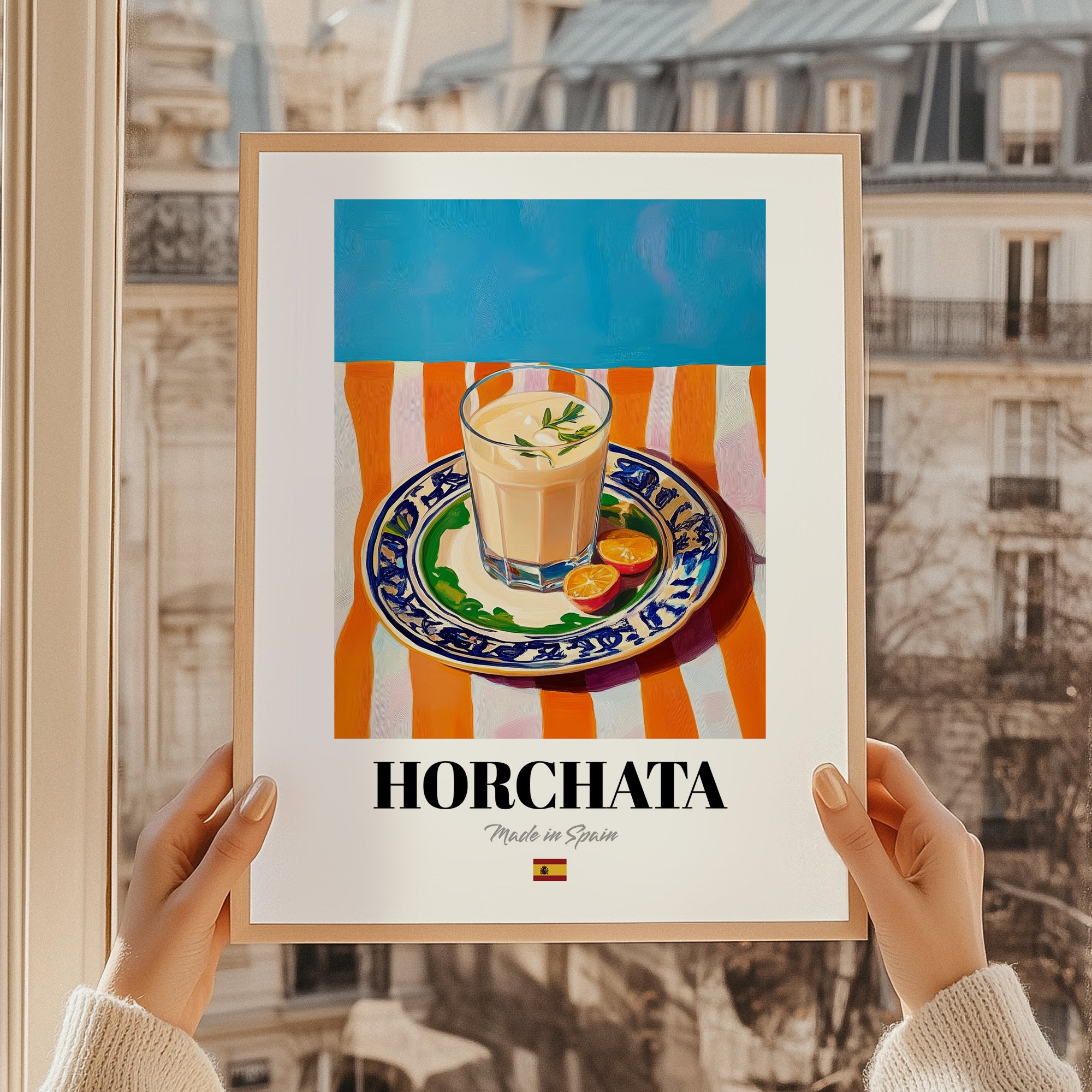 Horchata – Spanish Beverage Drink, Jazz Bar Poster, styled in a charming Paris street view