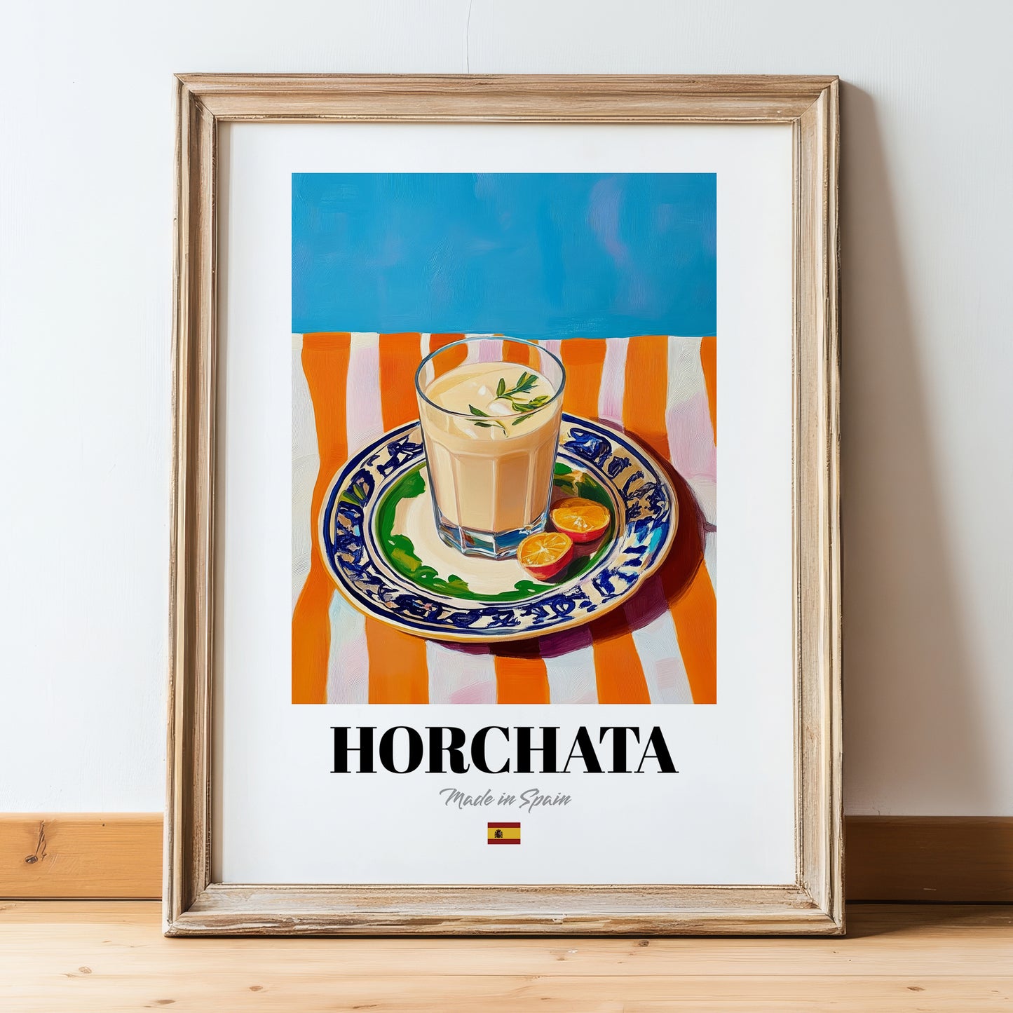 Horchata – Spanish Beverage Drink, Jazz Bar Poster, in wooden frame leaning on the floor