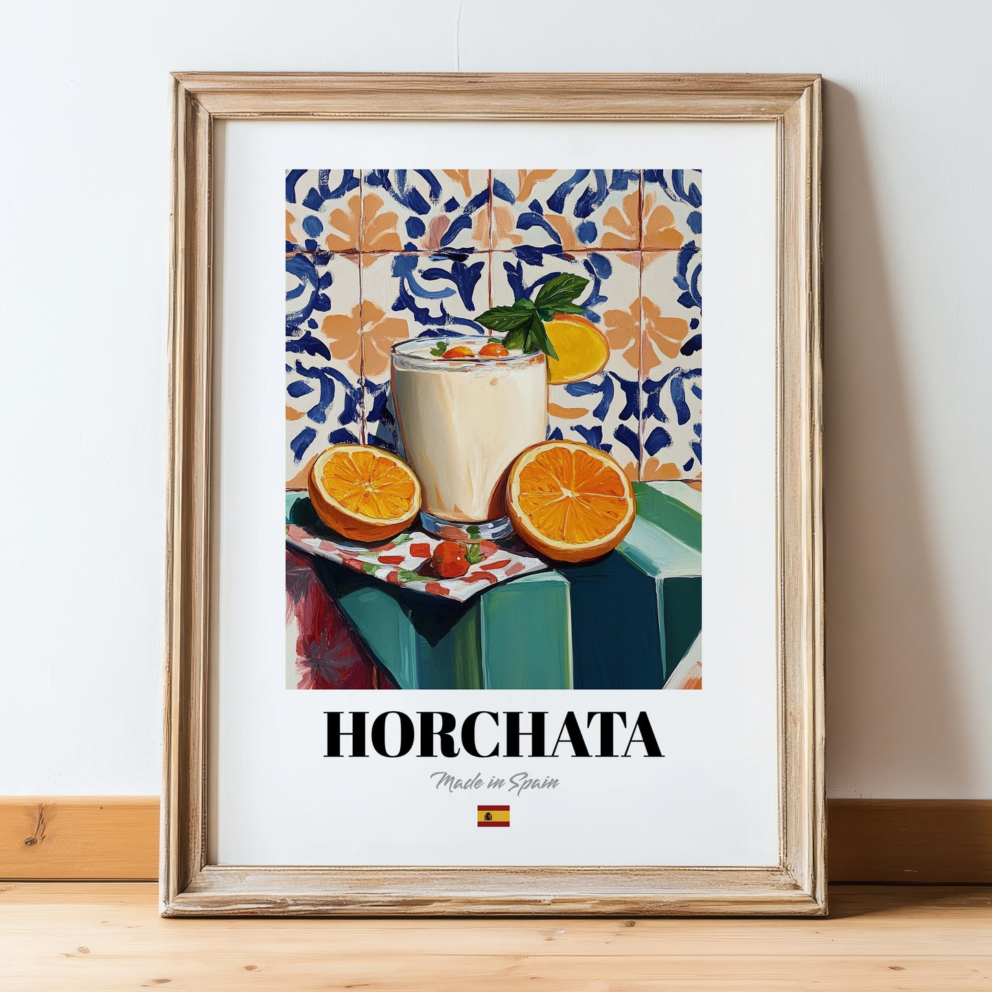 Horchata – Spanish Beverage Drink, Cocktail Lounge Art, in wooden frame leaning on the floor