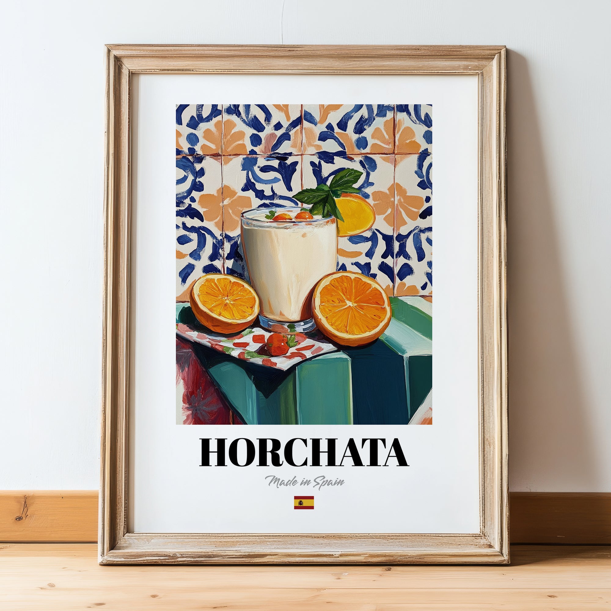 Horchata – Spanish Beverage Drink, Cocktail Lounge Art, in wooden frame leaning on the floor