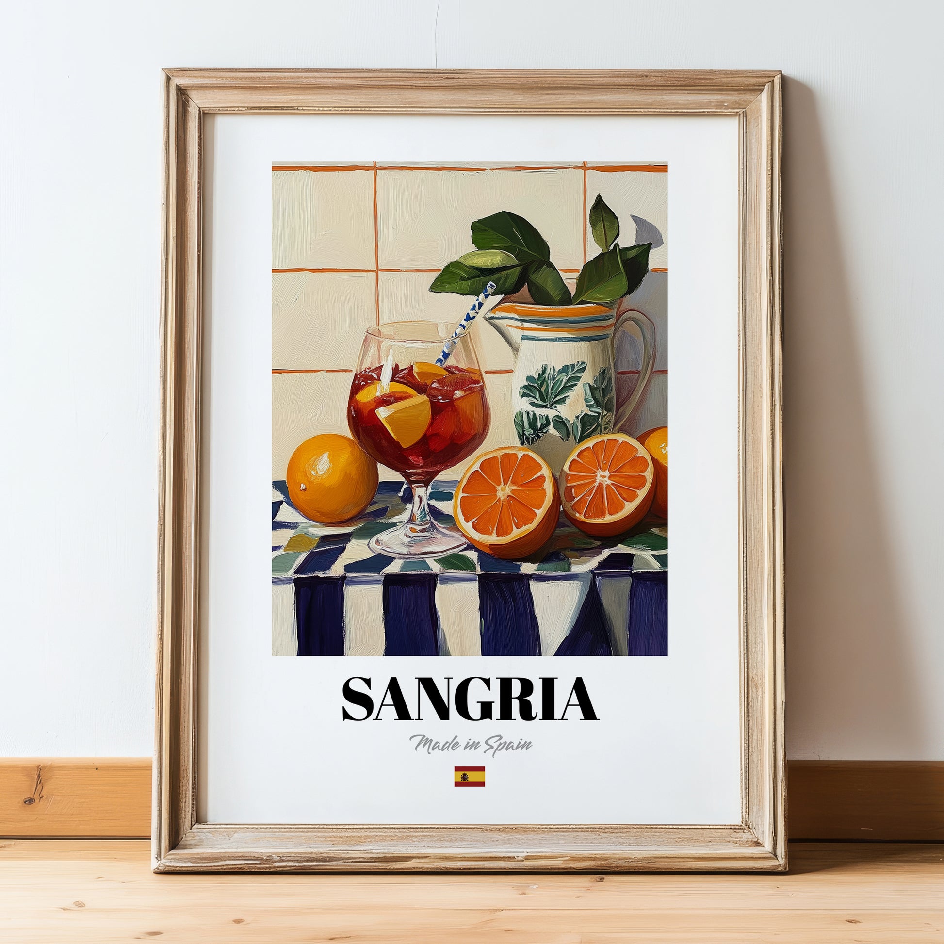 Sangria – Spanish Cocktail Drink, Rooftop Terrace Poster, in wooden frame leaning on the floor