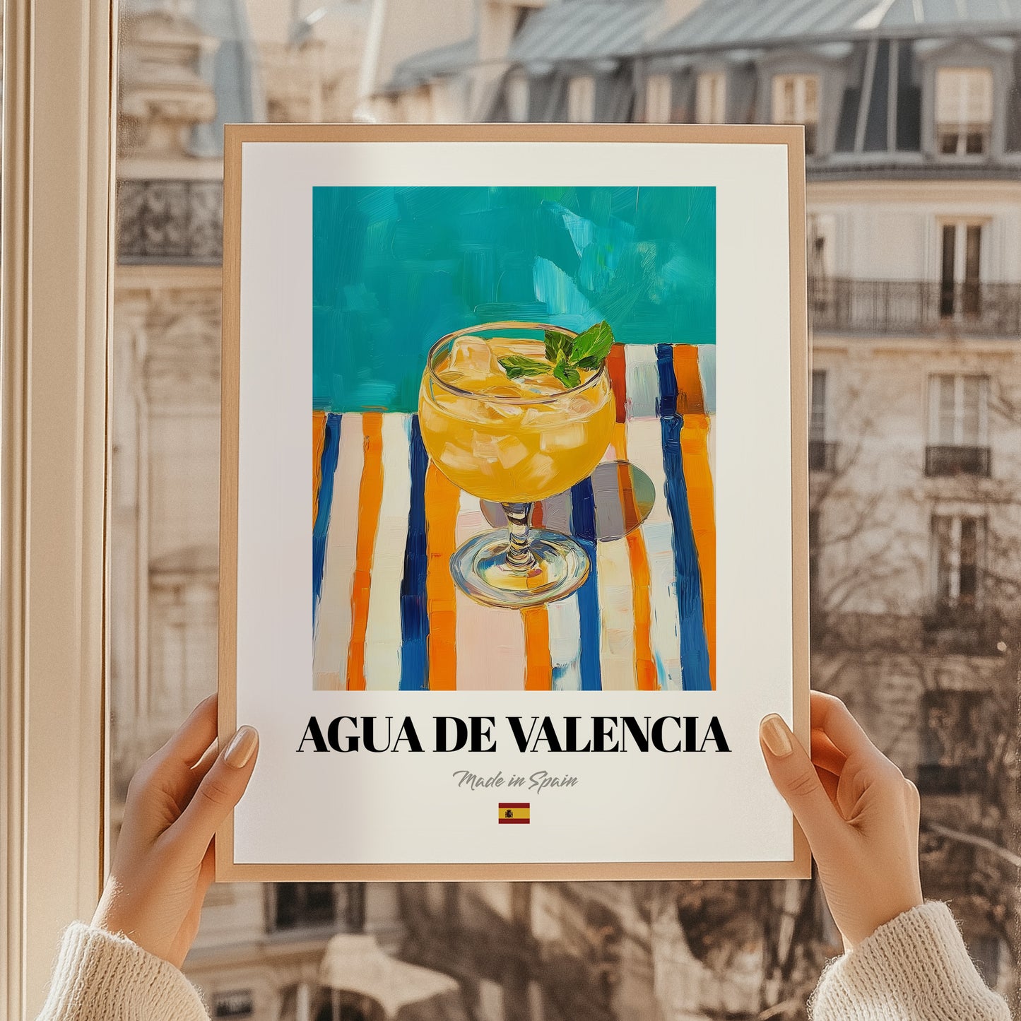 Agua de Valencia – Spanish Cocktail Drink, Cocktail Lounge Poster, styled in a charming Paris street view