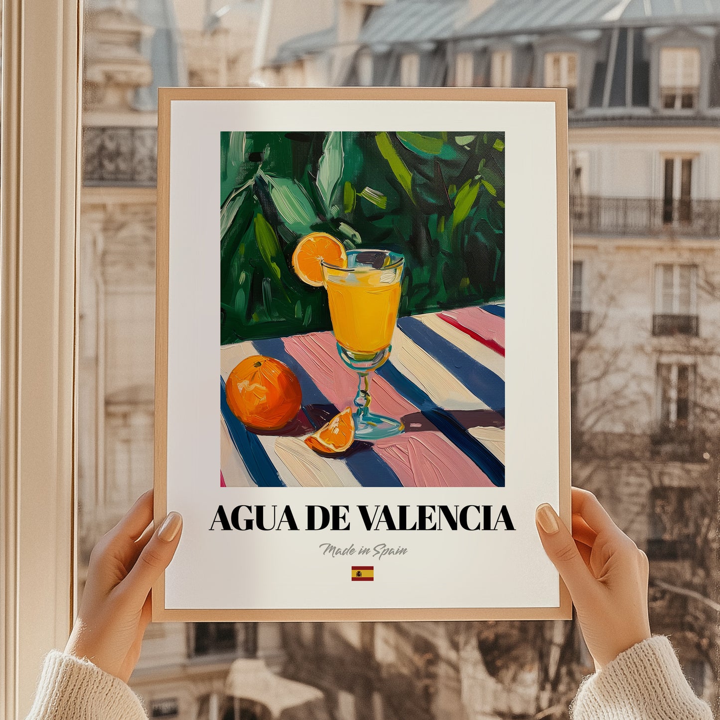 Agua de Valencia – Spanish Cocktail Drink, Sky Bar Wall Art, styled in a charming Paris street view