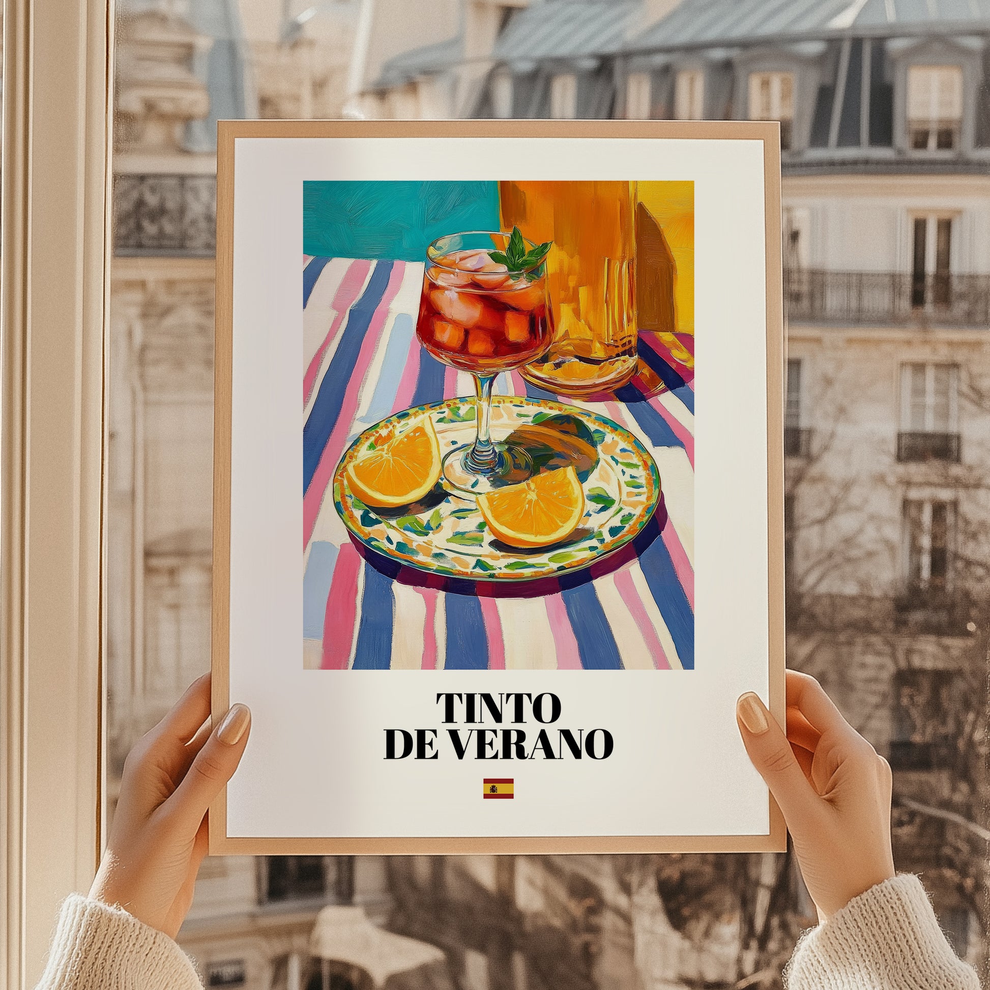 Tinto de Verano – Spanish Cocktail Drink, Hotel Lobby Illustration, styled in a charming Paris street view