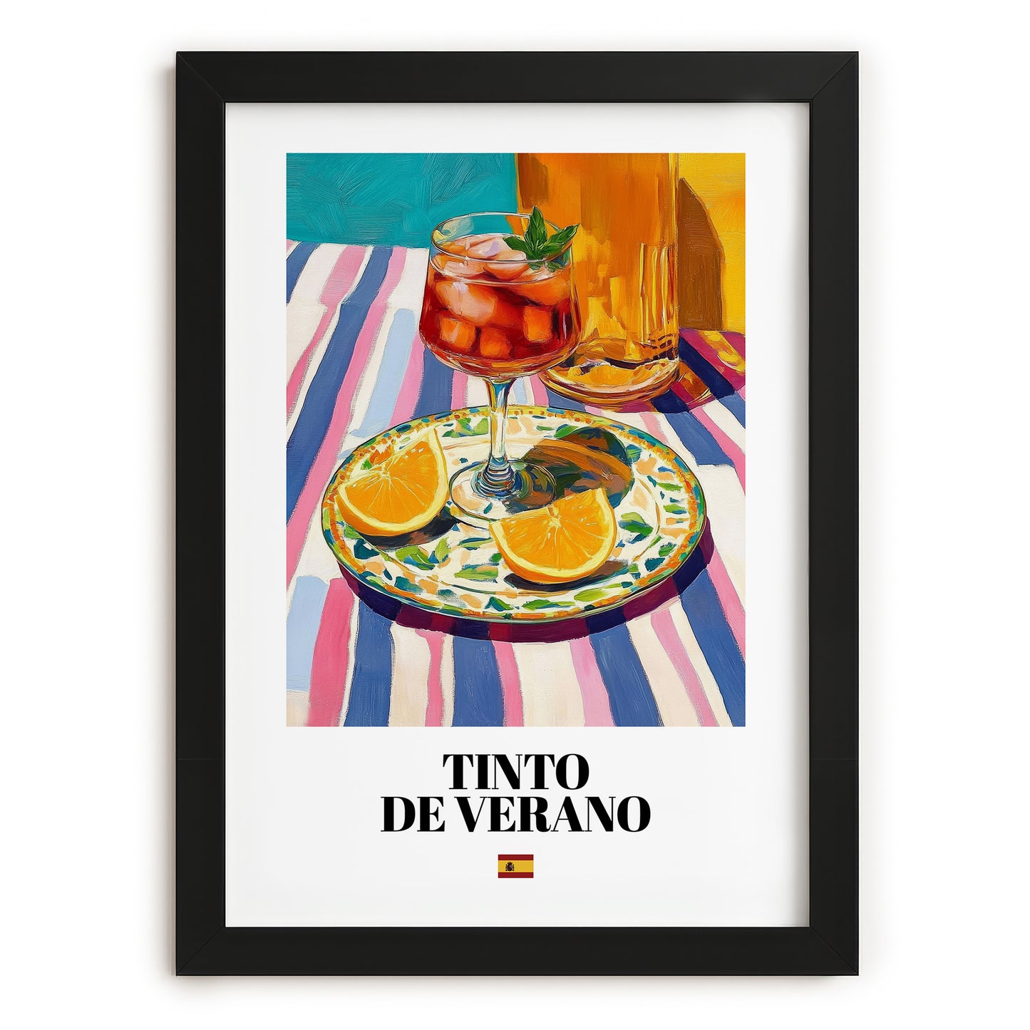 Tinto de Verano – Spanish Cocktail Drink, Hotel Lobby Illustration, in sleek black frame