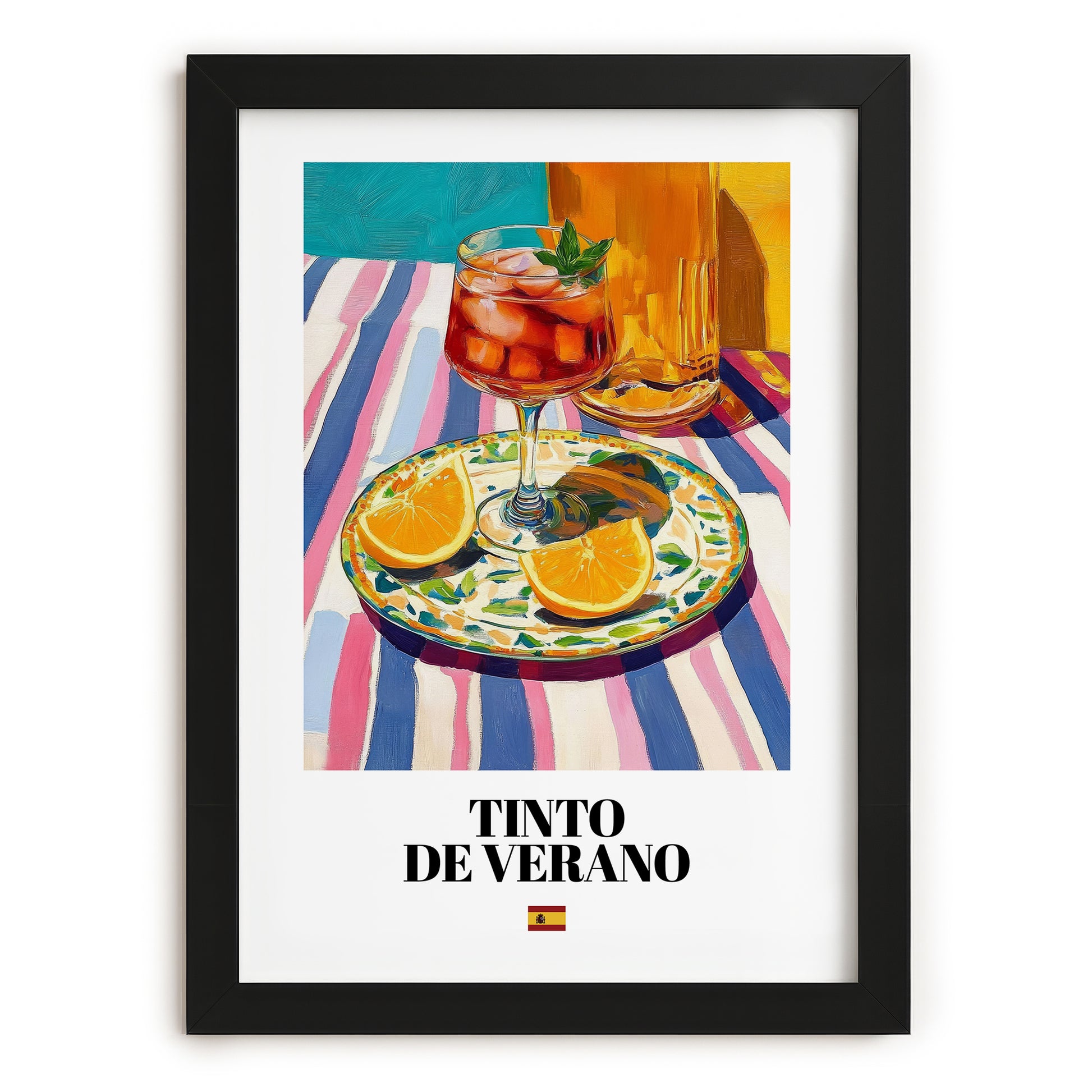 Tinto de Verano – Spanish Cocktail Drink, Hotel Lobby Illustration, in sleek black frame
