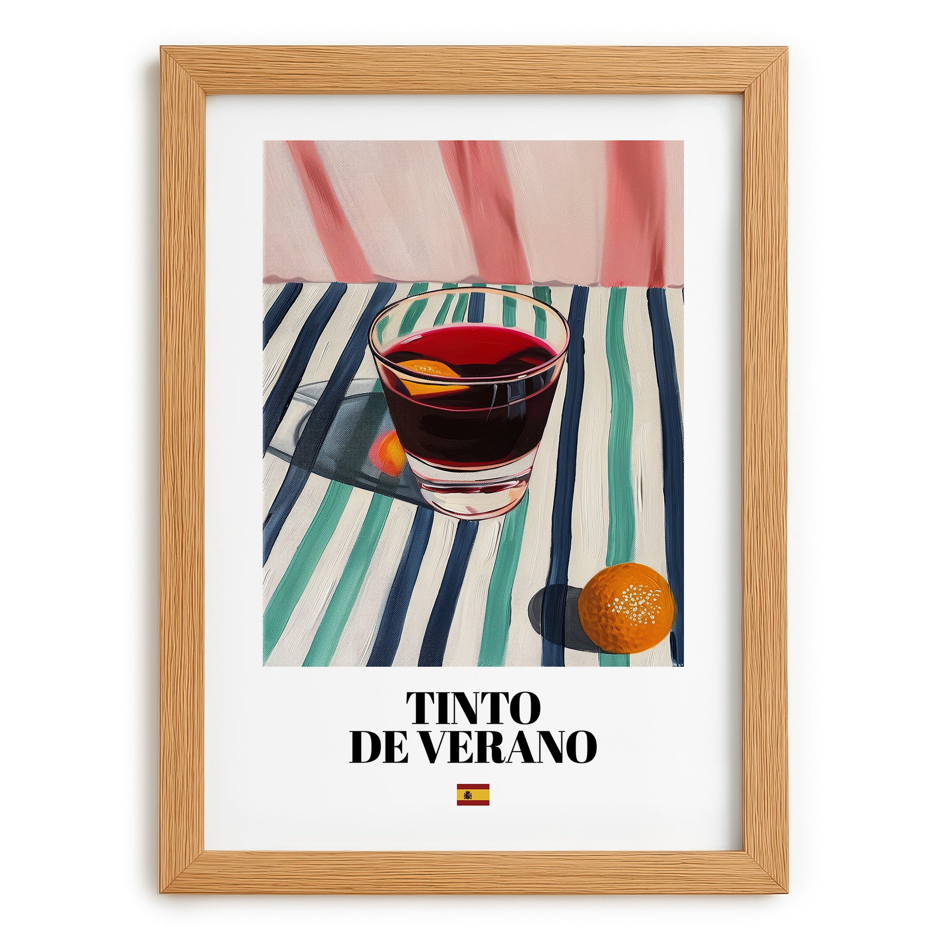 Tinto de Verano – Spanish Cocktail Drink, Speakeasy Illustration, set in oak frame
