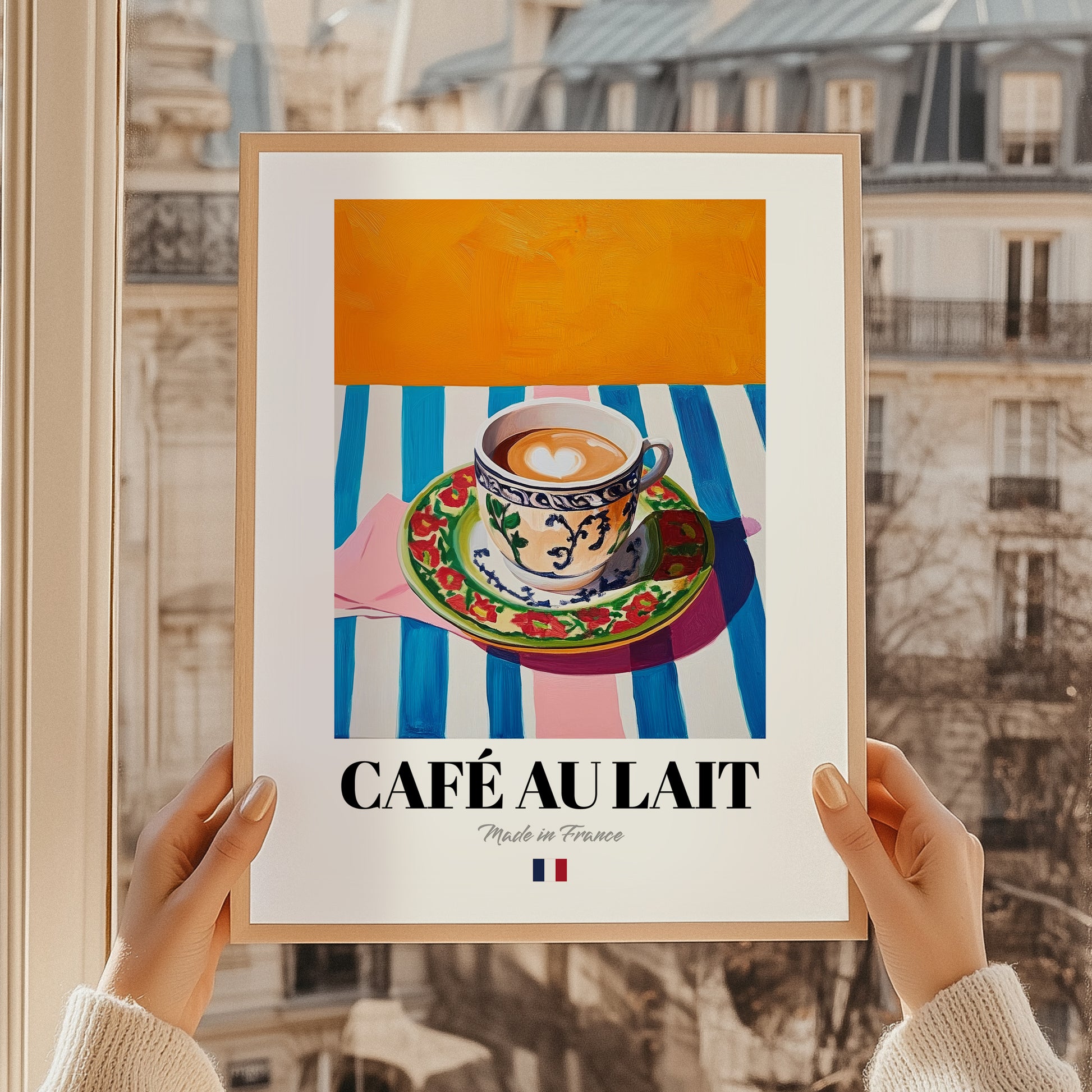 Café au Lait – French Coffee, Café Wall Art, styled in a charming Paris street view